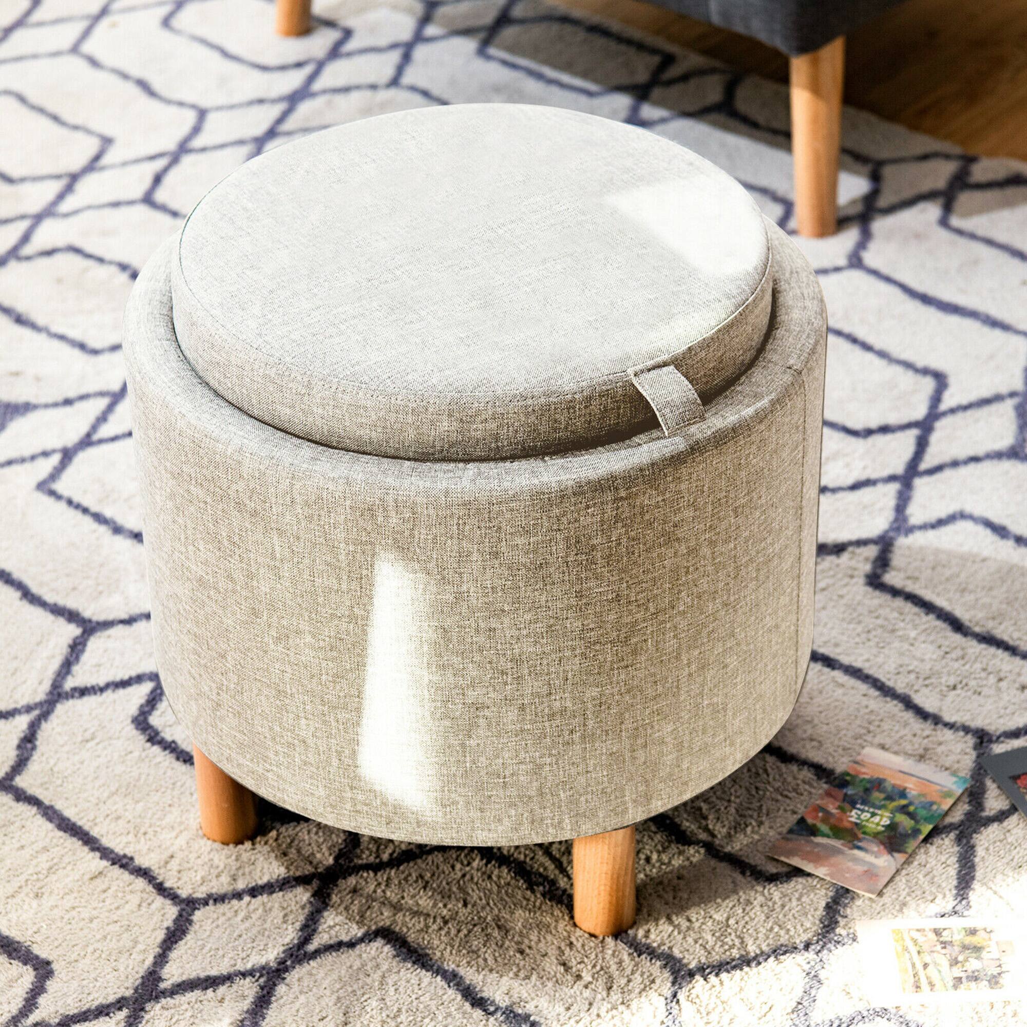Alt View 4. Gymax - Gymax Round Storage Ottoman w/Tray Top Accent Padded Footrest w/Wood Legs Beige - Beige.