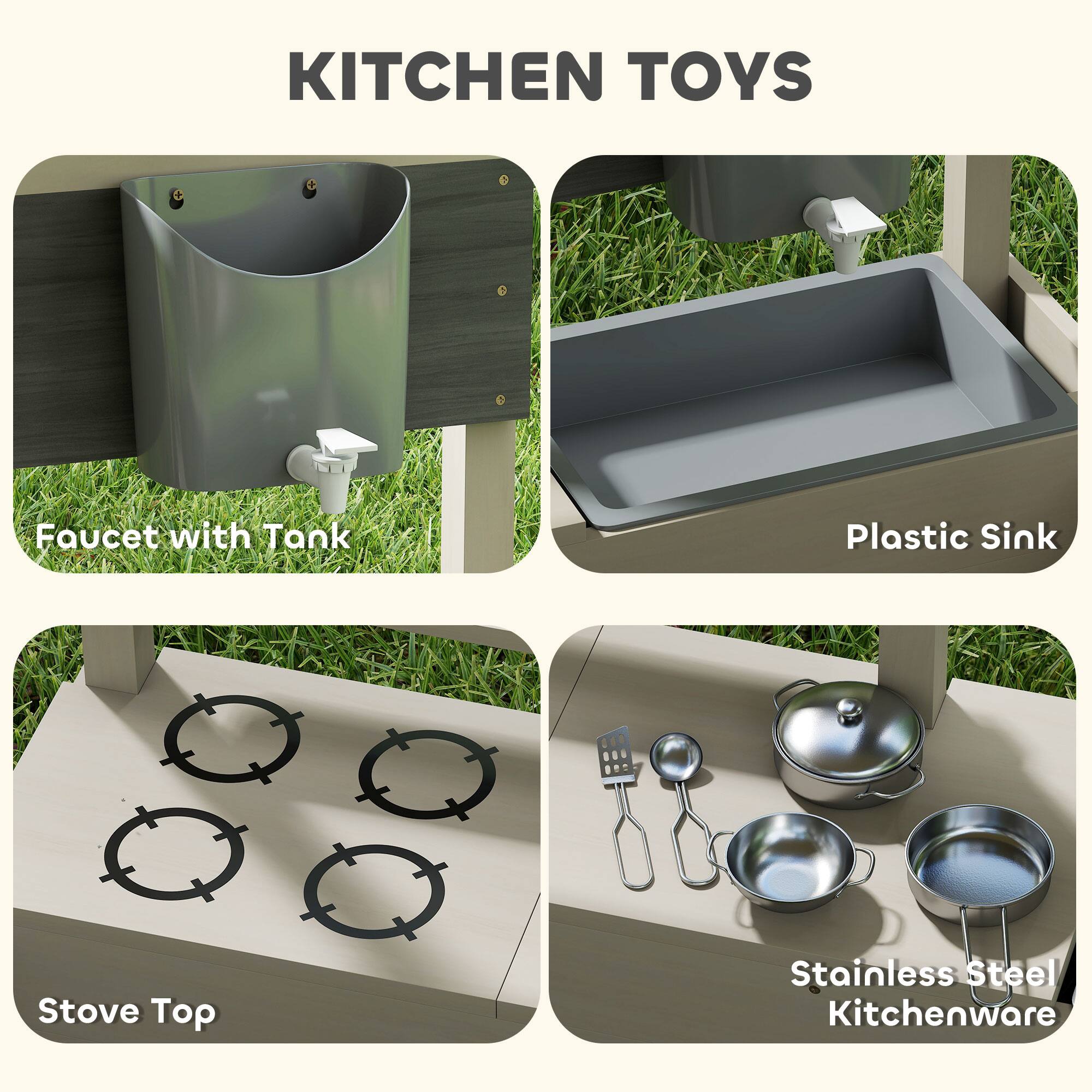 KITCHEN TOYS

- Faucet with Tank
- Plastic Sink
- Stove Top
- Stainless Steel Kitchenware