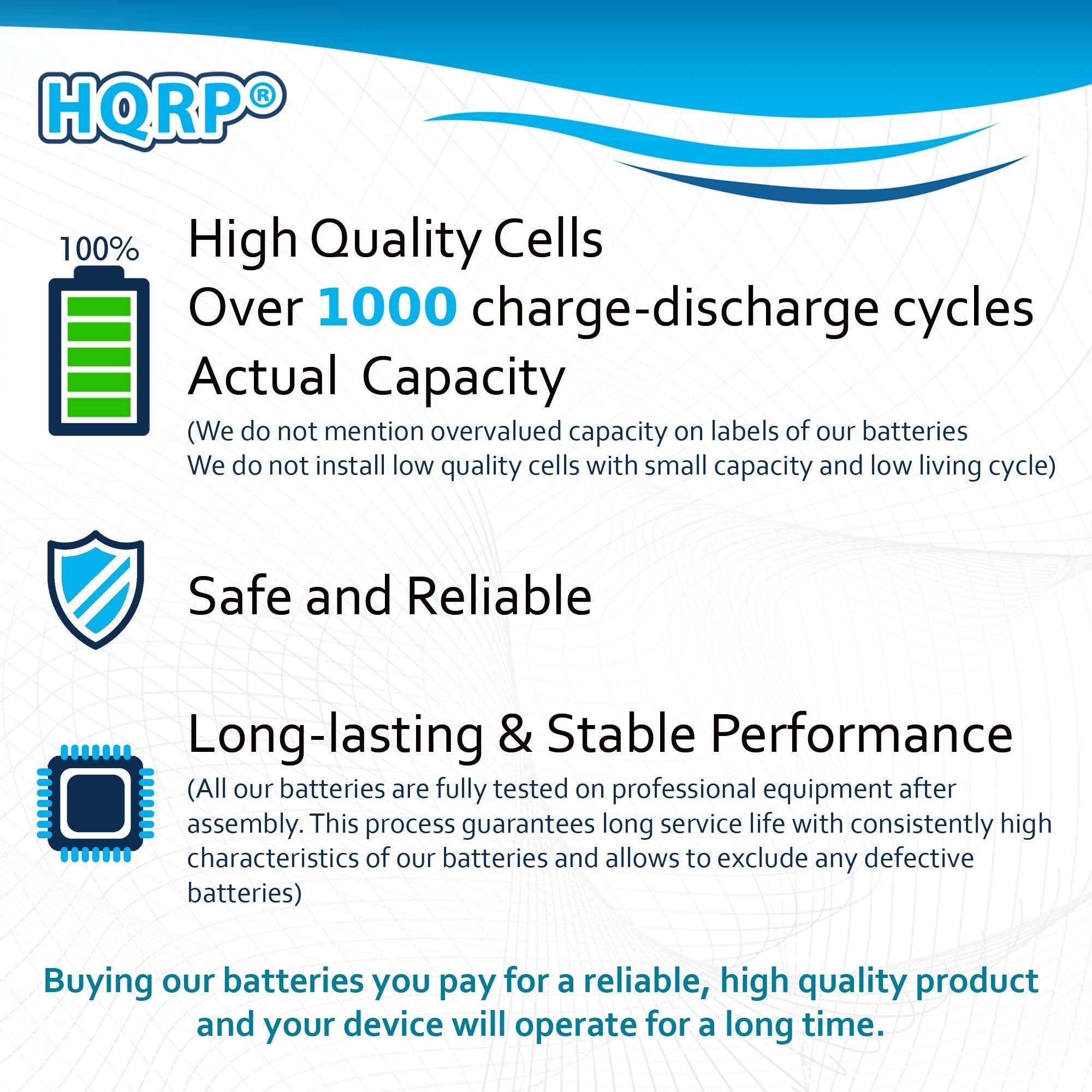 HQRP 100% High Quality Cells  
Over 1000 charge-discharge cycles  
Actual Capacity  
(We do not mention overvalued capacity on labels of our batteries. We do not install low quality cells with small capacity and low living cycle)  

Safe and Reliable  
Long-lasting & Stable Performance  
(All our batteries are fully tested on professional equipment after assembly. This process guarantees long service life with consistently high characteristics of our batteries and allows to exclude any defective batteries)  

Buying our batteries you pay for a reliable, high quality product and your device will operate for a long time.