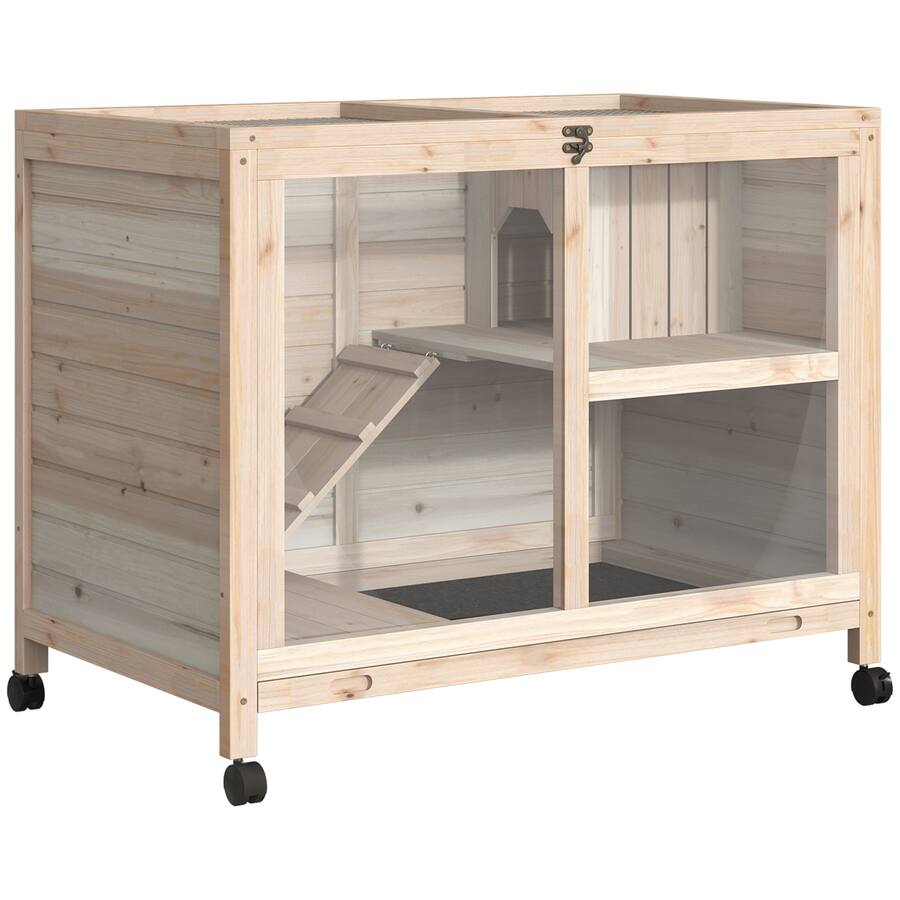 Pawhut Rabbit Hutch with Wheels, Desk and Side Table Sized, Wooden ...