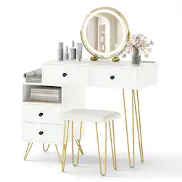 Gymax - Vanity Desk w/ Mirror Lights Built-in Power Outlet 4 Storage Drawers Stool - White