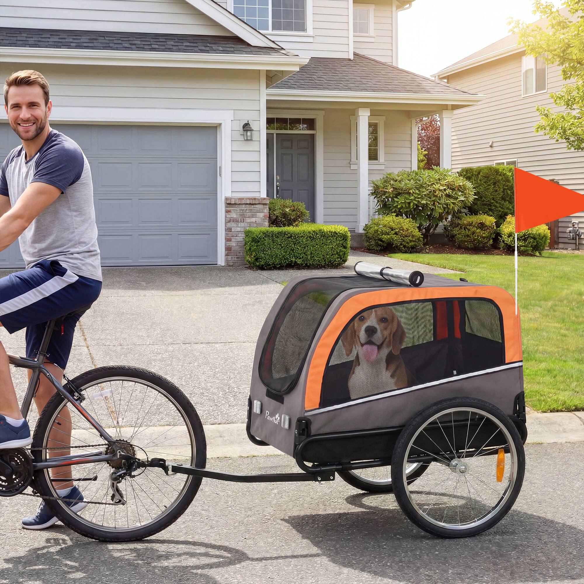 Alt View 1. Pawhut - Bike Trailer, Pet Cart Bicycle Carrier with 2 Entrances, Quick Release Wheels, Reflectors, Flag - Orange.