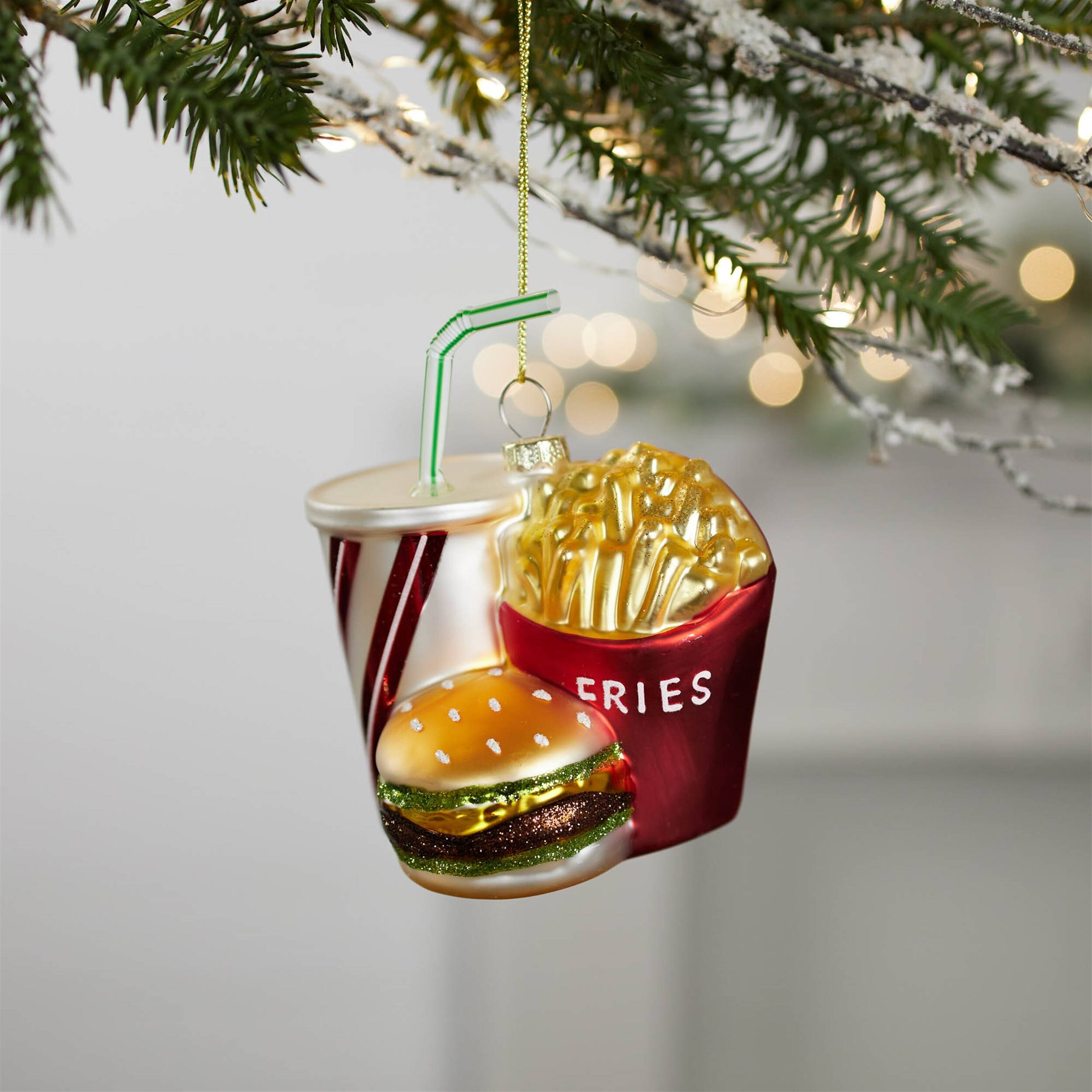 Angle. BreeBe - Glass Burger and Fries Meal Ornament (Set of 4) - Gold, White.