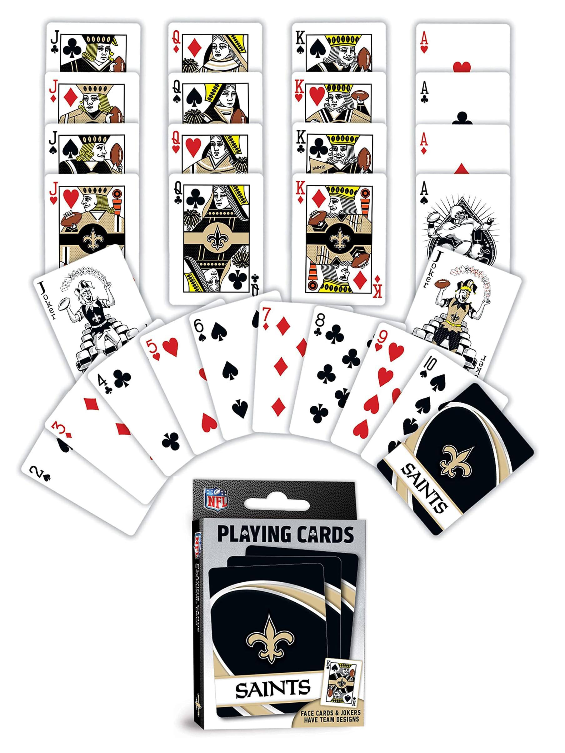 Sure, here is the corrected and grouped text from the image:

---

**NFL PLAYING CARDS**

**SAINTS**

**FACE CARDS & JOKERS HAVE TEAM DESIGNS**

---

**Joker**  
**Joker**

**J**  
**Q**  
**K**  
**A**  
**K**  
**A**  
**J**  
**K**  
**A**  
**Joker**  
**Joker**

**2**  
**3**  
**4**  
**5**  
**6**  
**7**  
**8**  
**9**  
**10**  
**J**  
**Q**  
**K**  
**A**

---

**SAINTS**