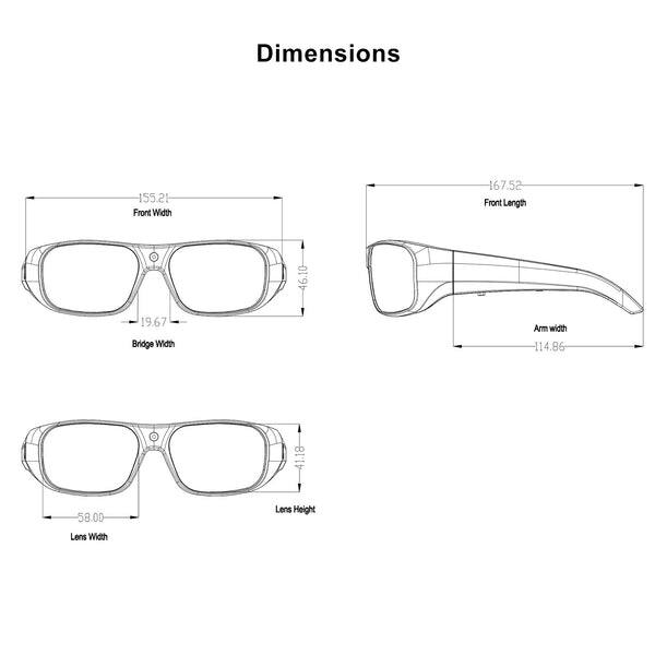 Dimensions  
- Front Width: 155.21  
- Front Length: 167.52  
- Bridge Width: 19.67  
- Arm Width: 114.86  
- Lens Height: 41.18  
- Lens Width: 58.00