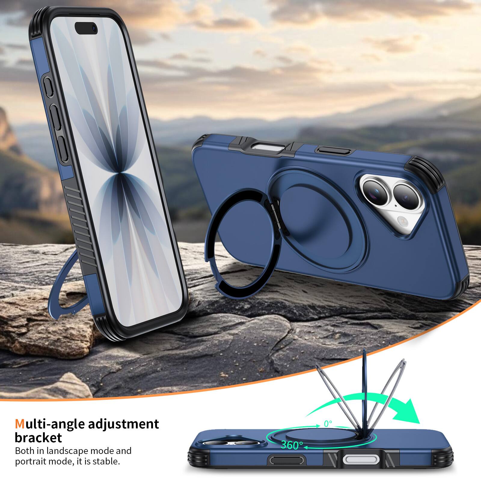 Multi-angle adjustment bracket  
Both in landscape mode and portrait mode, it is stable.  
360°