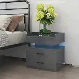 Loheer - LED Nightstand with Adjustable Light, Grey Two Drawer Bedside Table - Gray