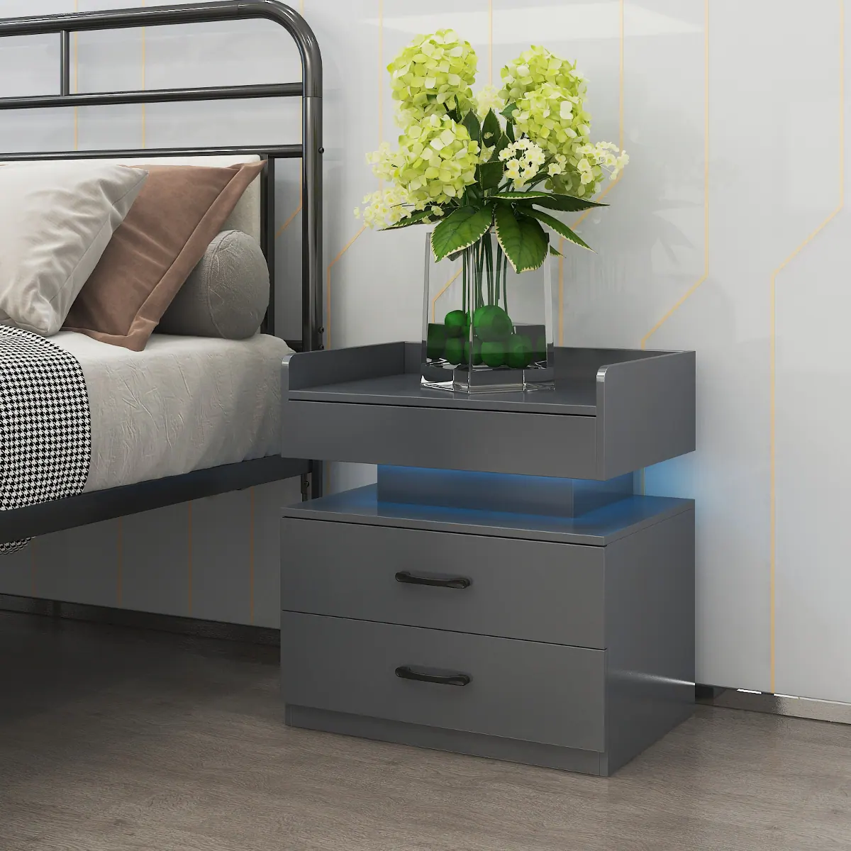 Front. Loheer - Loheer LED Nightstand with Adjustable Light, Grey Two Drawer Bedside Table - Grey.
