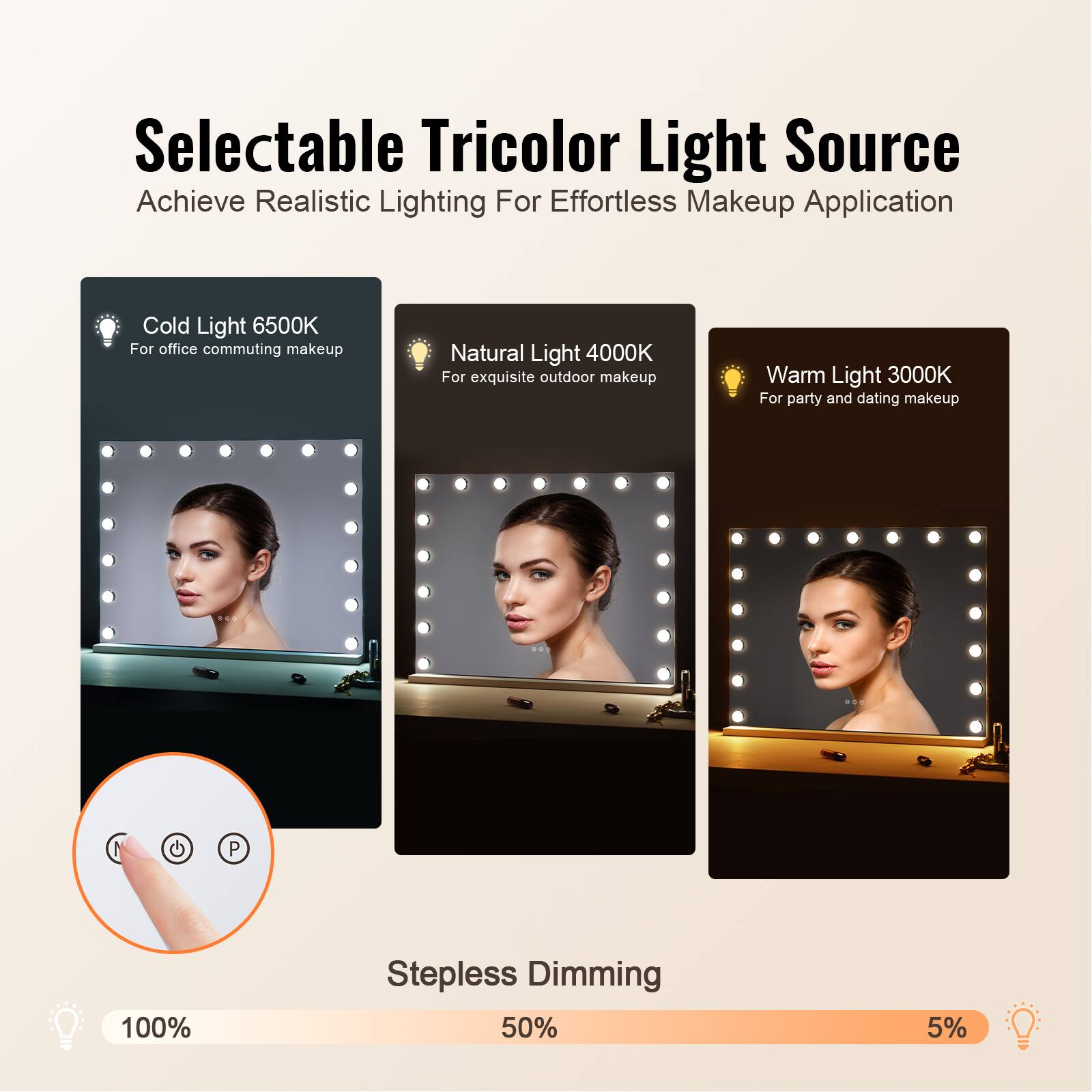Selectable Tricolor Light Source  
Achieve Realistic Lighting For Effortless Makeup Application  

Cold Light 6500K  
For office commuting makeup  

Natural Light 4000K  
For exquisite outdoor makeup  

Warm Light 3000K  
For party and dating makeup  

Stepless Dimming  
100%  
50%  
5%