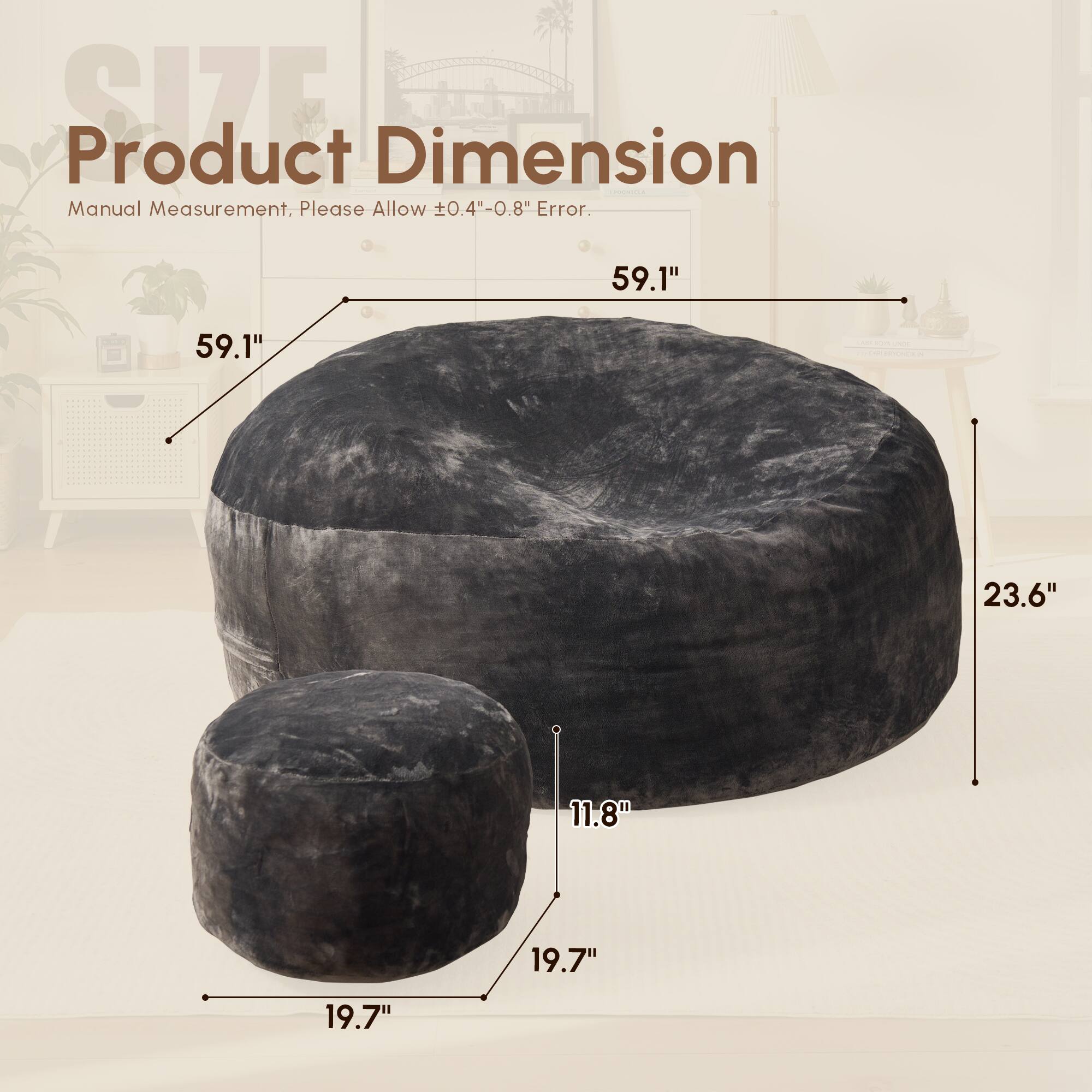 SOE Product Dimension  
Manual Measurement. Please Allow 0.4"-0.8" Error.  
59.1" 59.1" 23.6" 11.8" 19.7" 19.7"