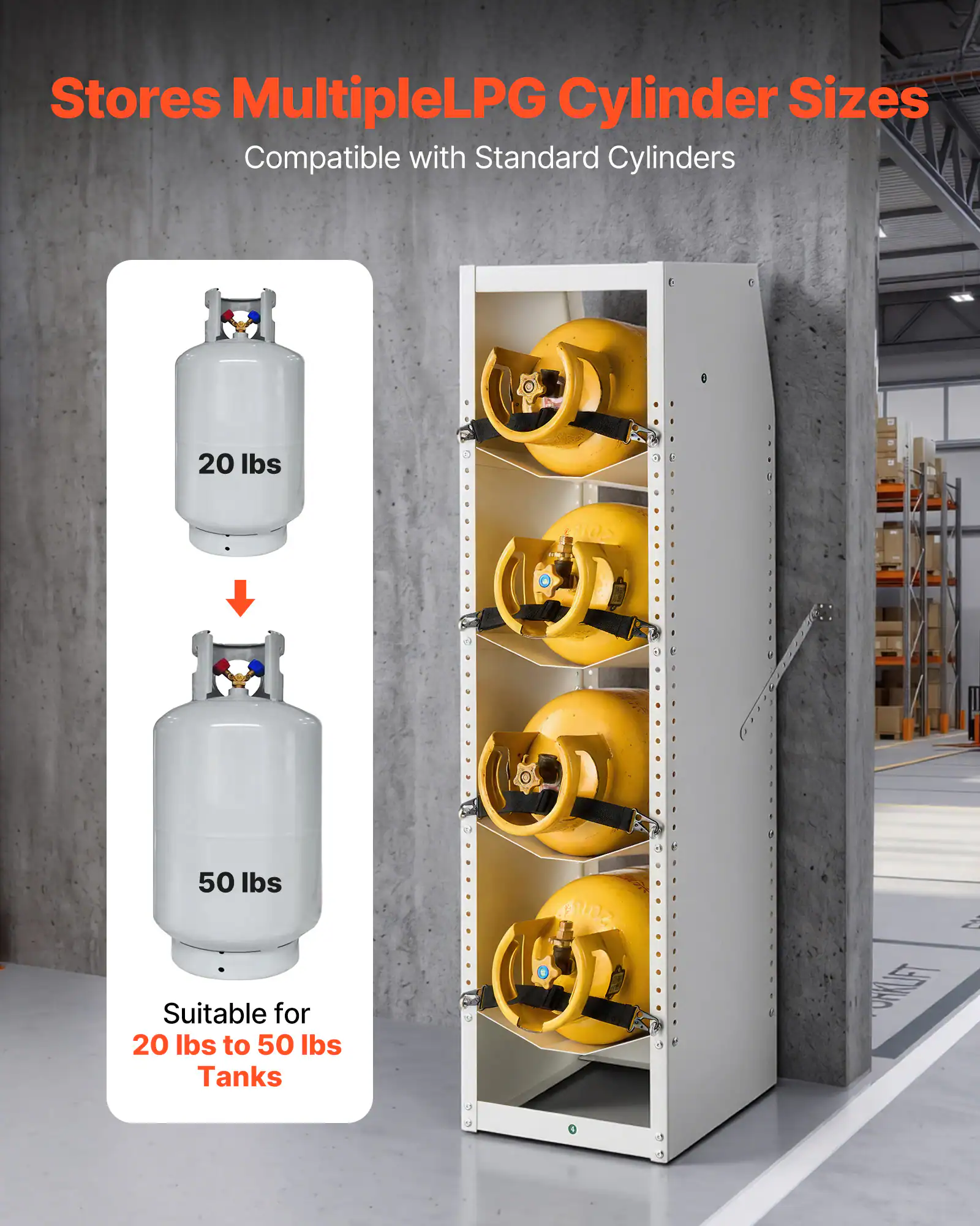 Stores Multiple LPG Cylinder Sizes  
Compatible with Standard Cylinders  
20 lbs  
50 lbs  
Suitable for 20 lbs to 50 lbs Tanks