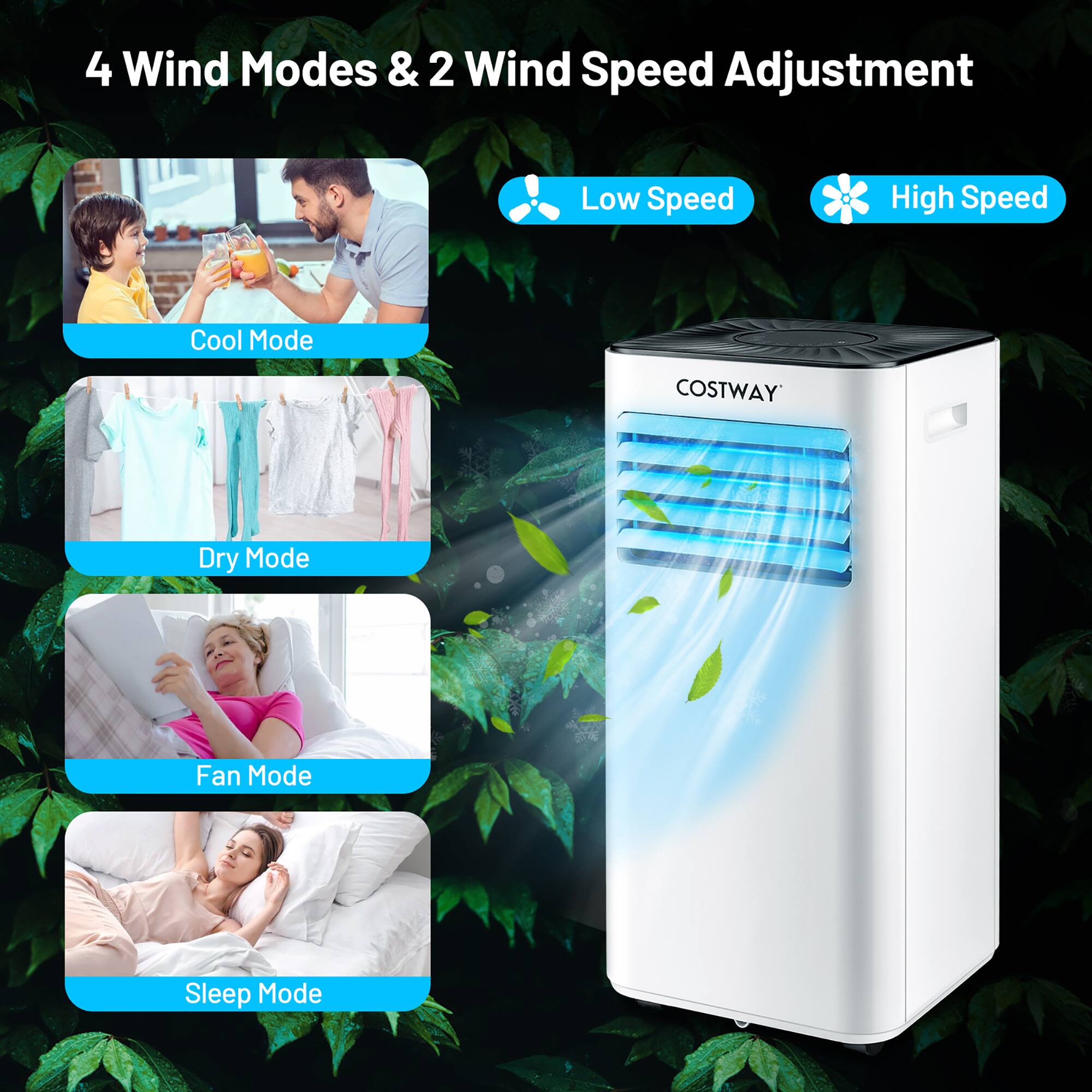 4 Wind Modes & 2 Wind Speed Adjustment: Low Speed, High Speed, Cool Mode, Dry Mode, Fan Mode, Sleep Mode.