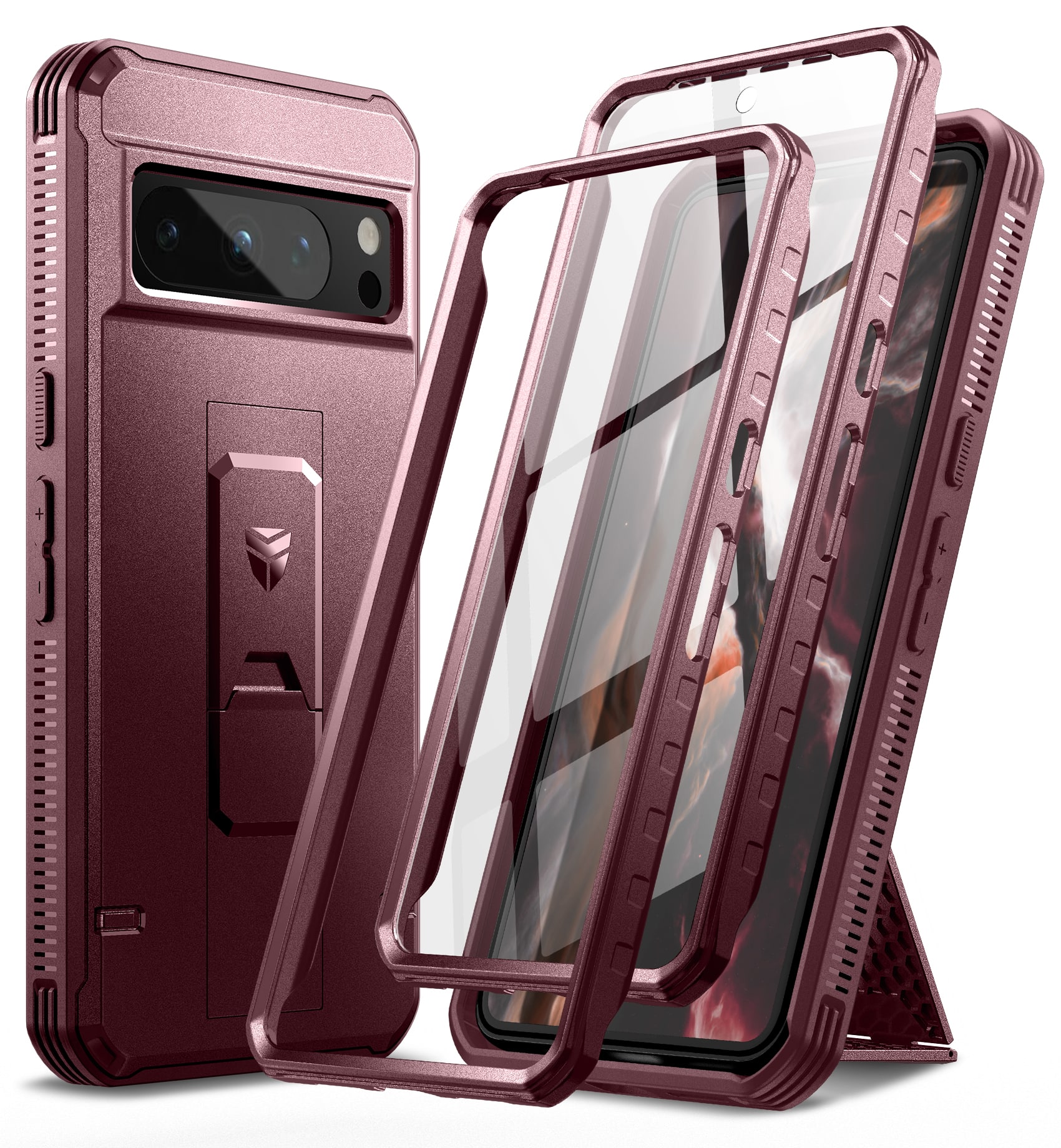 Dexnor - Shockproof Case for Google Pixel 8 Pro with Screen Protector, Kickstand, Heavy Duty Military Grade Protection - Maroon Red