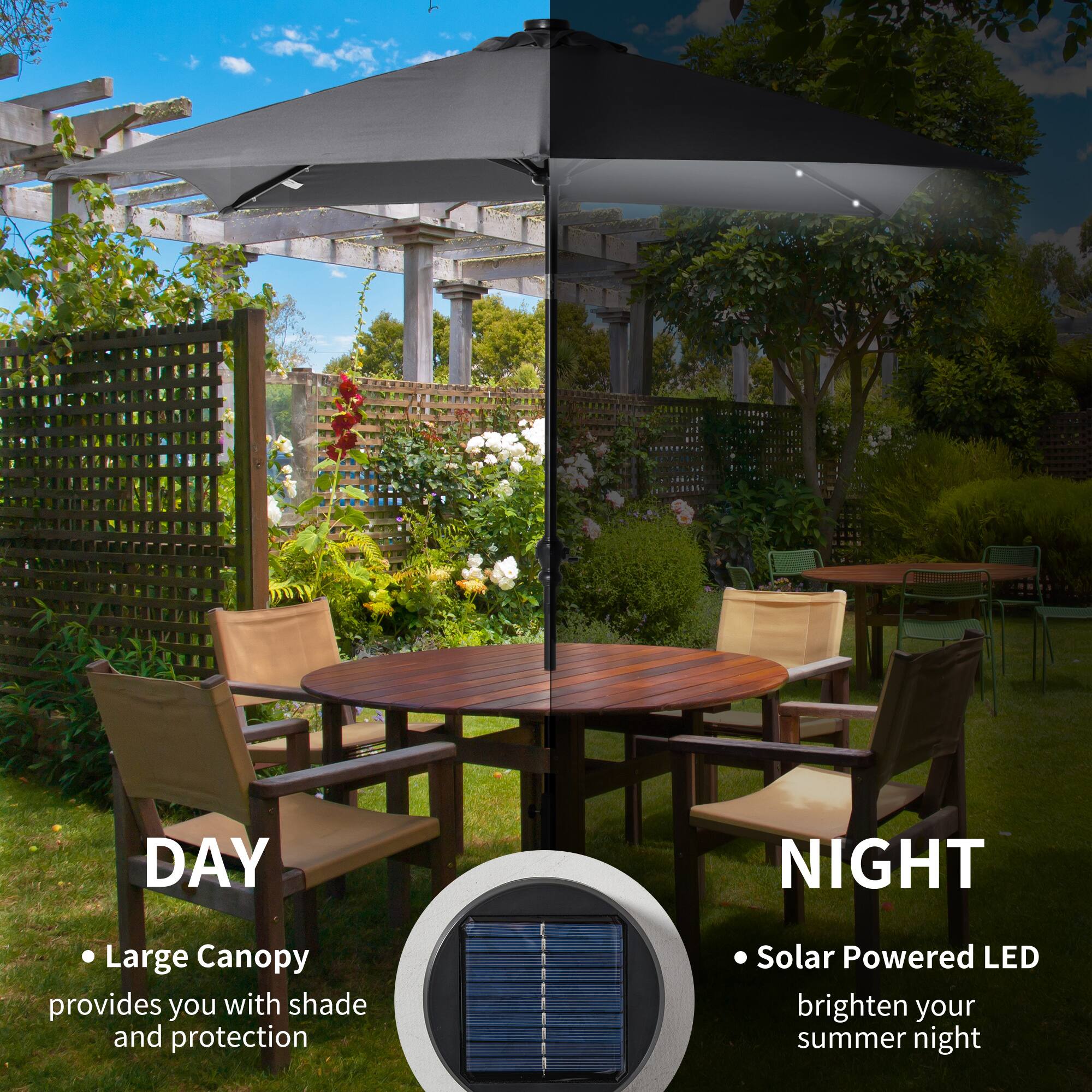 DAY Large Canopy provides you with shade and protection
NIGHT Solar Powered LED brighten your summer night