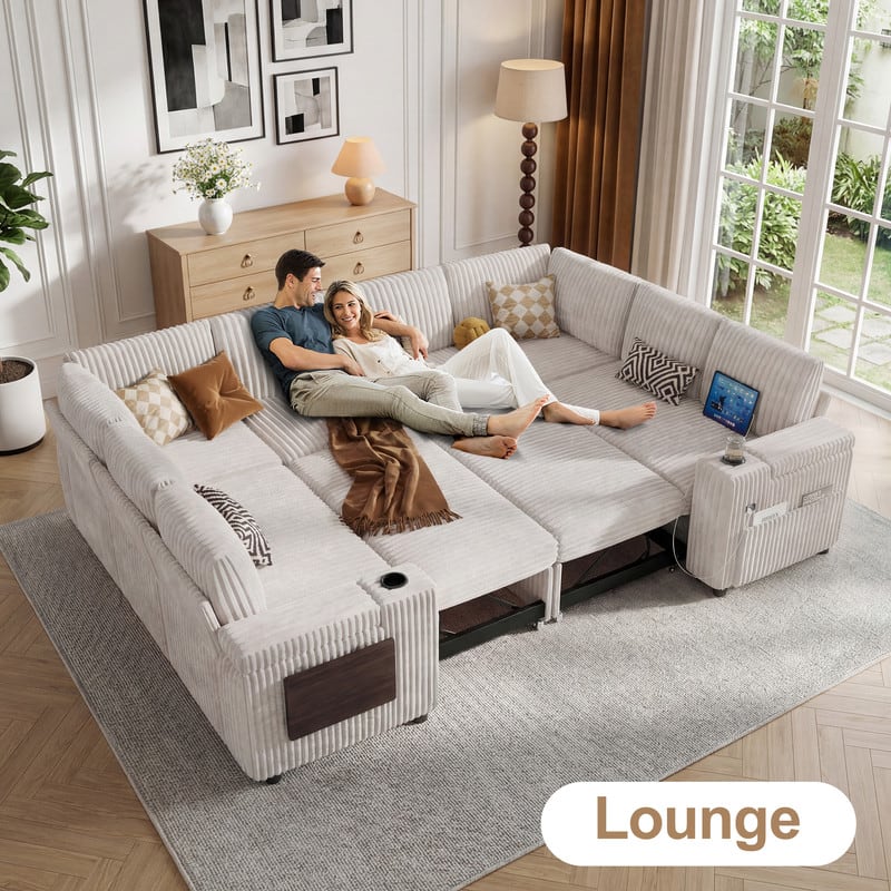 Dyonery - 112" Modular Sectional Sofa, U Shaped 8-Seater Sleeper Sofa with Pull Out Bed &Hidden Storage, Cup Holders & USB. - Beige