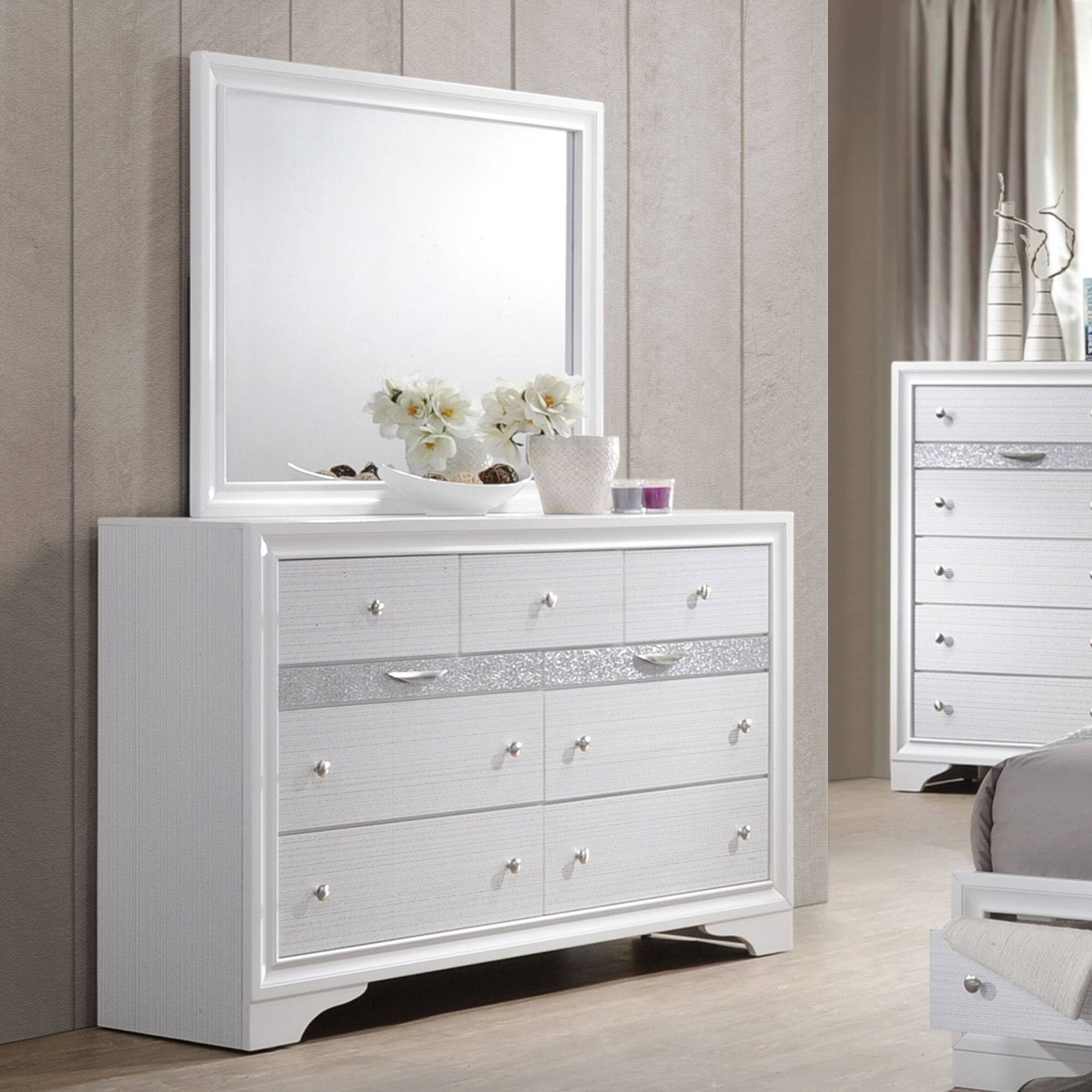 Front. Kings Brand Furniture - Kings Brand Furniture Watson Wood 7-Drawer Dresser & Mirror for Bedroom, Entryway White - White.