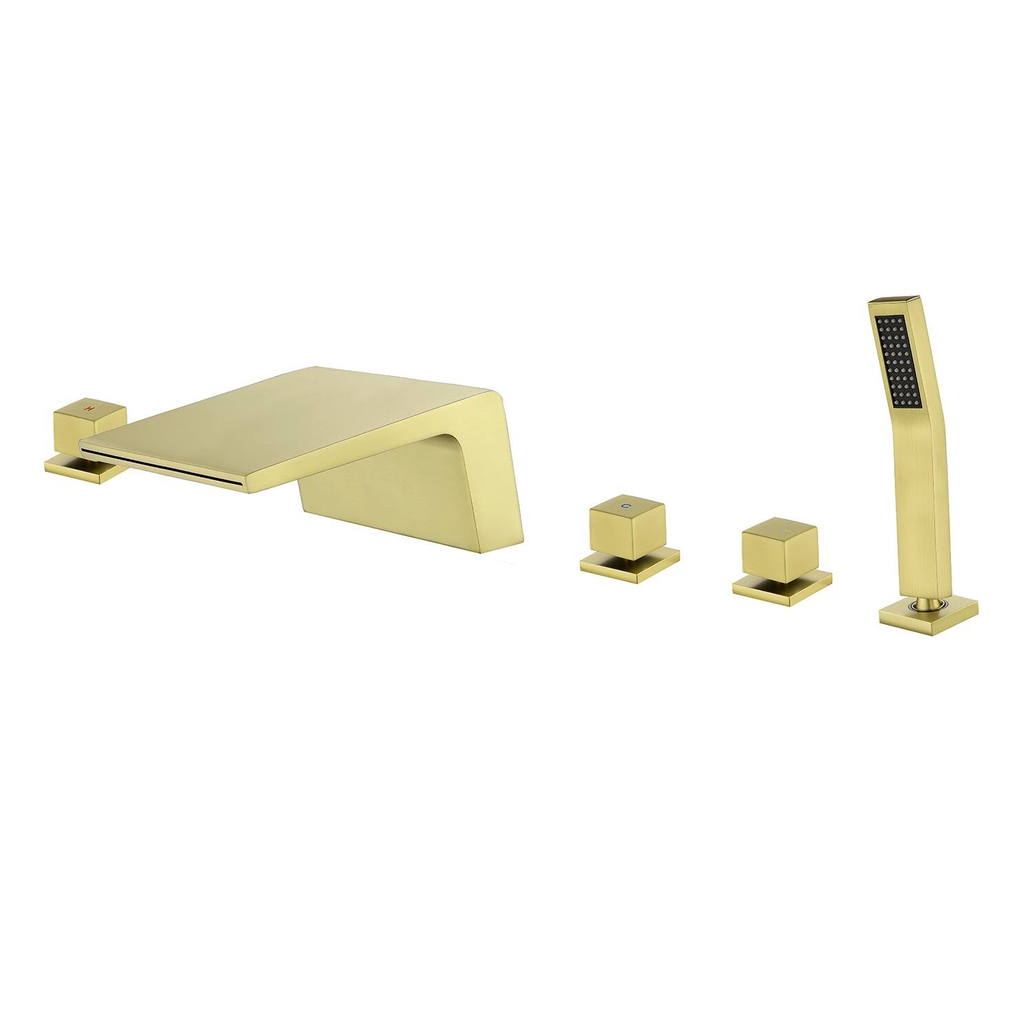 Alt View 1. Boyel Living - 7 in.W Brushed Gold Sloped Bathtub Hot and Cold Water Faucet with Handheld Shower and Waterfall Outlet 5-Hole - Brushed Gold.