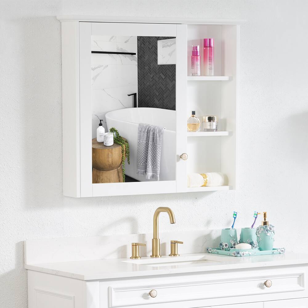 Angle. WELLFOR - 34 in. W x 30 in. H Rectangular Solid Wood Frame Surface Mount Medicine Cabinet with Mirror and Soft Close Door - White.