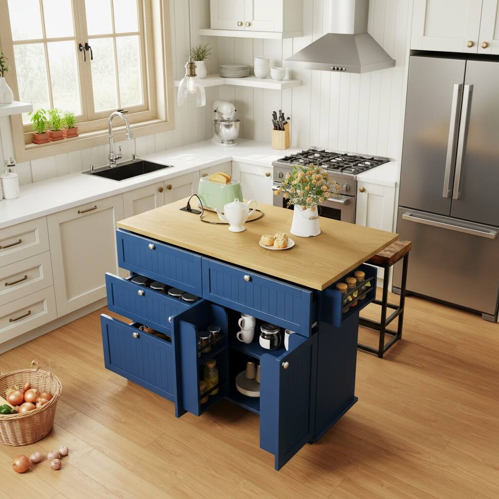 Left. Forest'nSky - Farmhouse Kitchen Island with Drop Leaf & 2 Seats, Storage Cabinet with Drawers & Power Outlet, Blue - Blue.