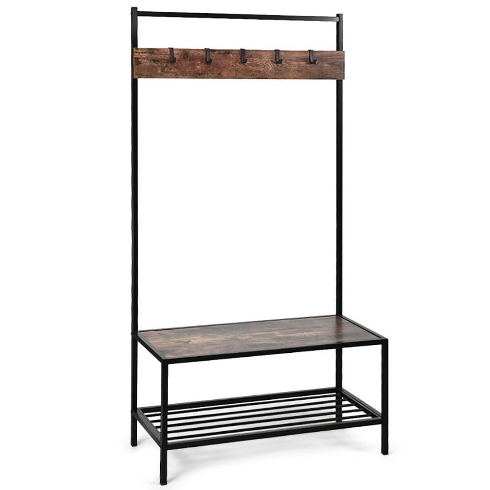 Back. Kadyn - 3-in-1 Industrial Coat Rack with 2-tier Storage Bench and 5 Hooks-Brown, - Brown.