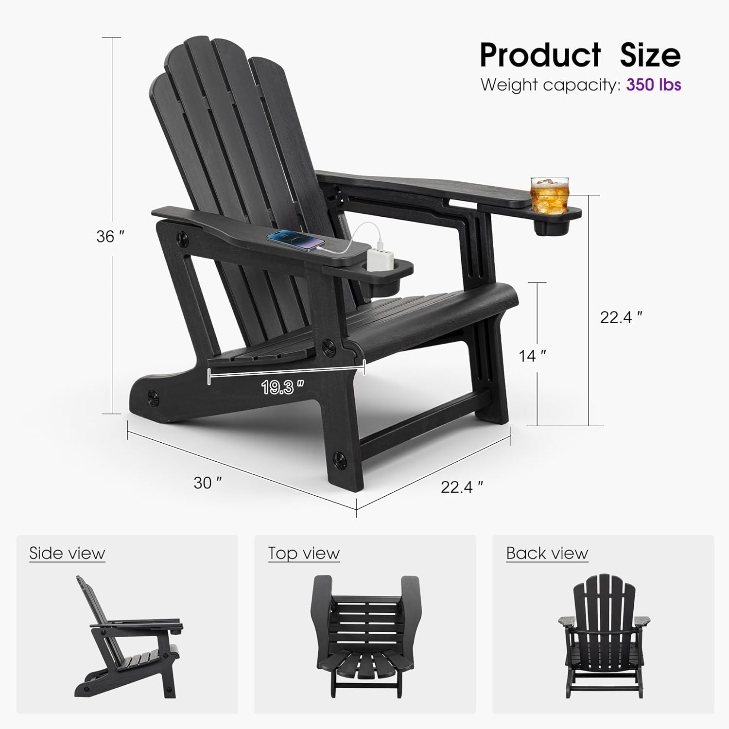 Product Size  
Weight capacity: 350 lbs  
36"  
22.4"  
14"  
19.3"  
30"  
22.4"  

Side view  
Top view  
Back view