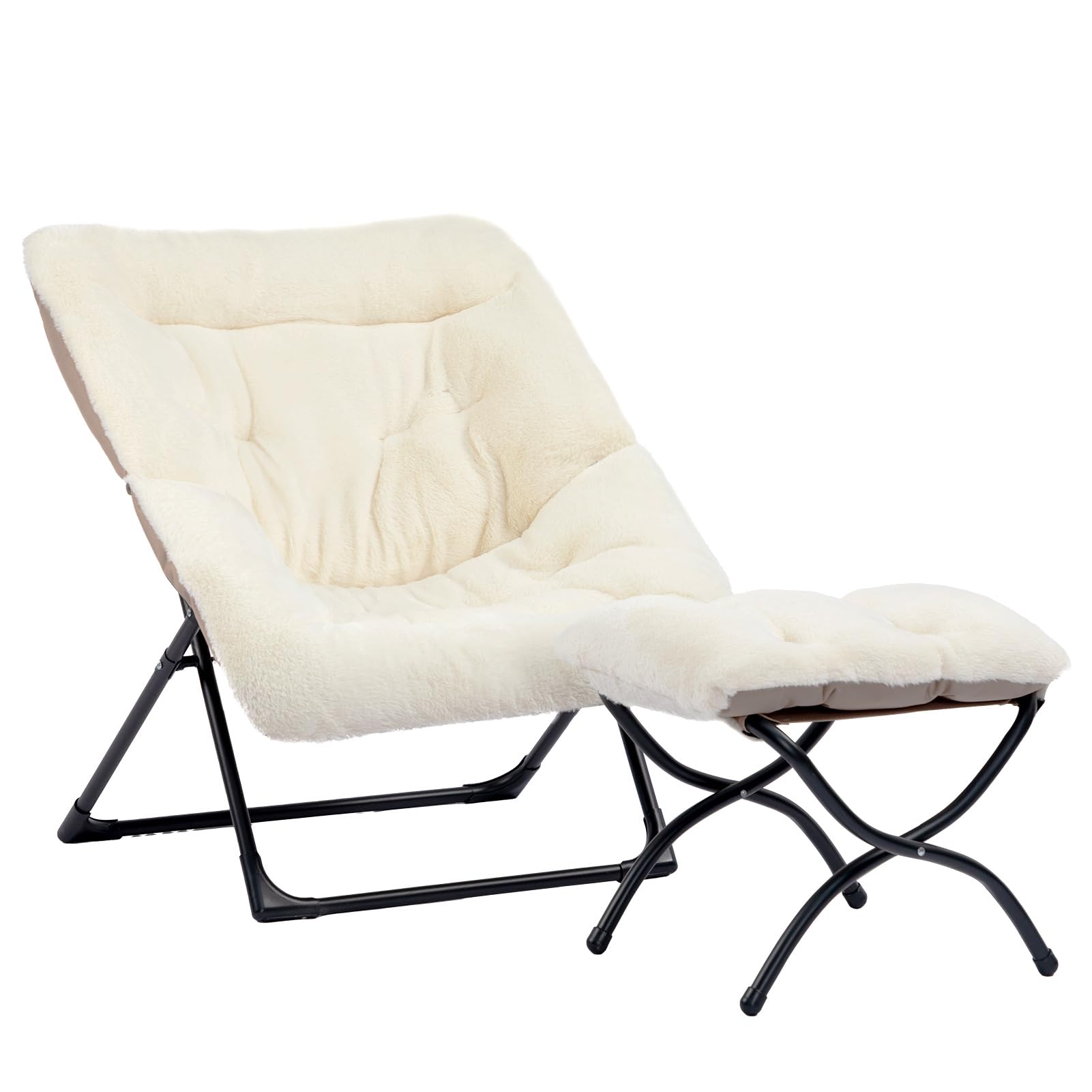 JETRANSPORT - X-large Saucer Chair Foldable Ottoman Comfy Oversized Folding Footrest Stool Faux-fur Reading Footstool - Beige Chair&stool