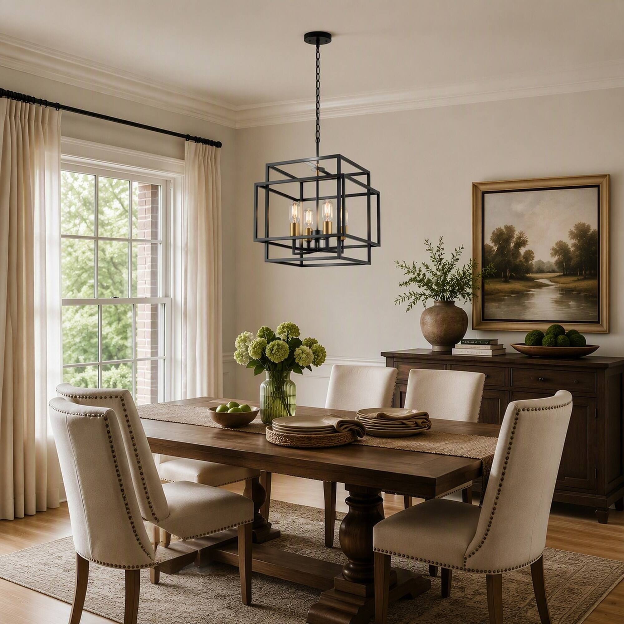 Left. RYHNUYNE - Square 4-Light Chandelier with Black and Gold Accents, Adjustable Chain for Sloped or Flat Ceilings, Ideal.