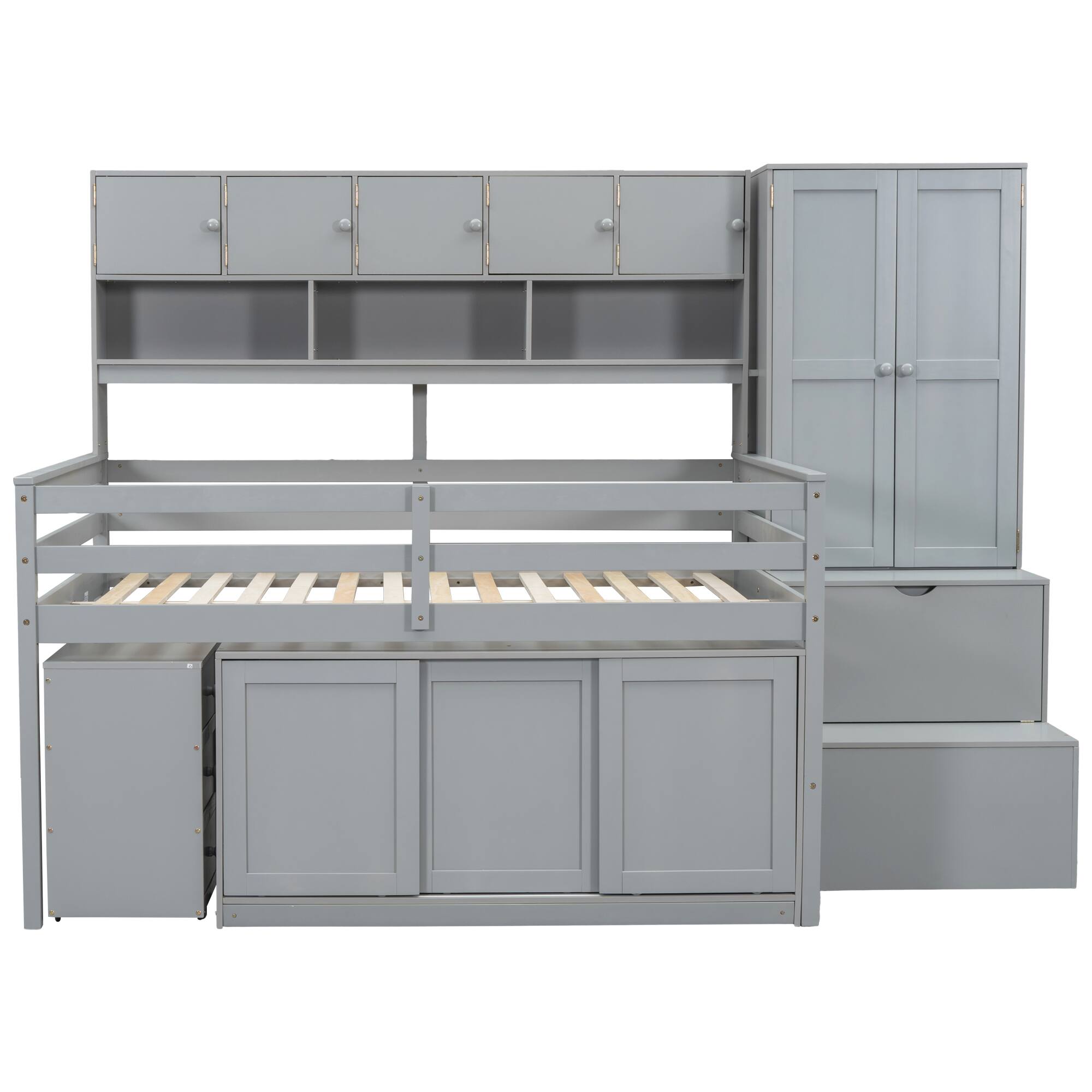 Alt View 4. Tiramisubest - Full Size Gray Wooden Loft Bed with Storage, Desk, Drawers & Shelves - Gray.