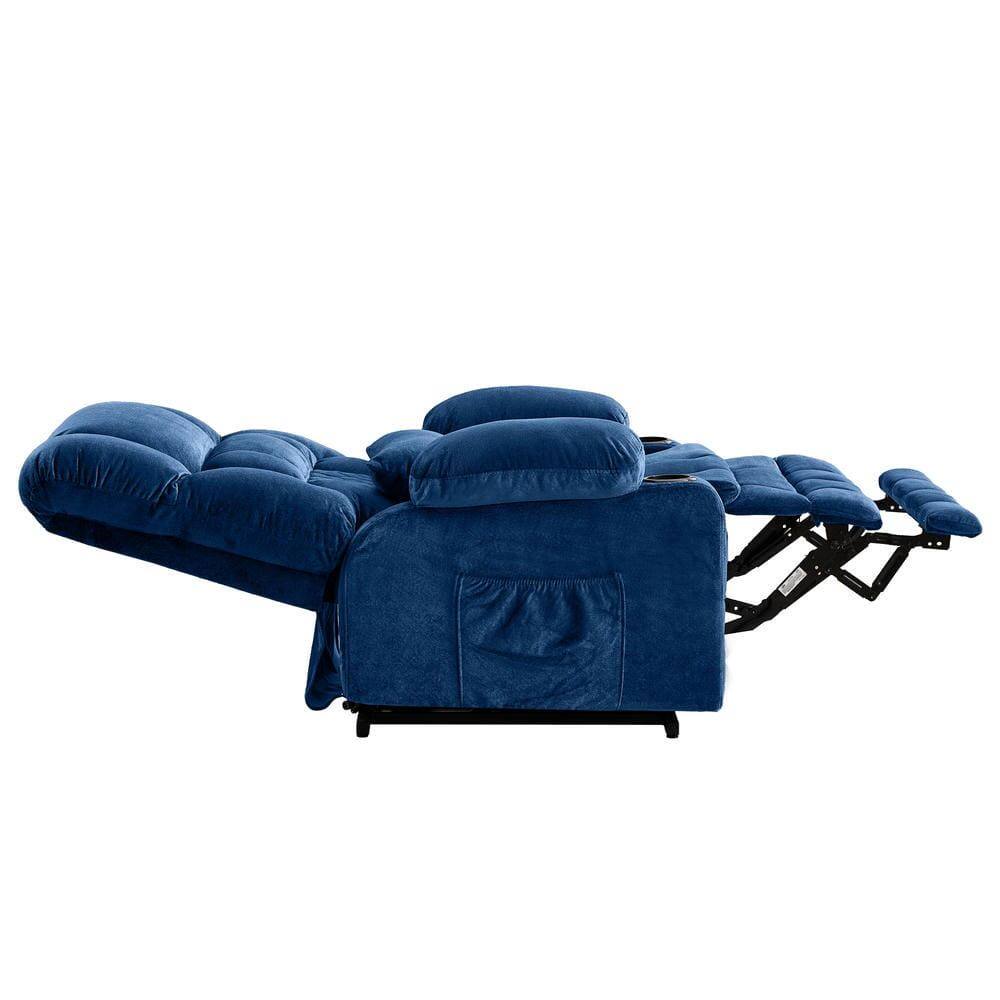 Left. Kadyn - Dual Motor Power Lift Recliner, Lay-Flat 180°, Kneading Massage & Heat, USB Ports - Blue.
