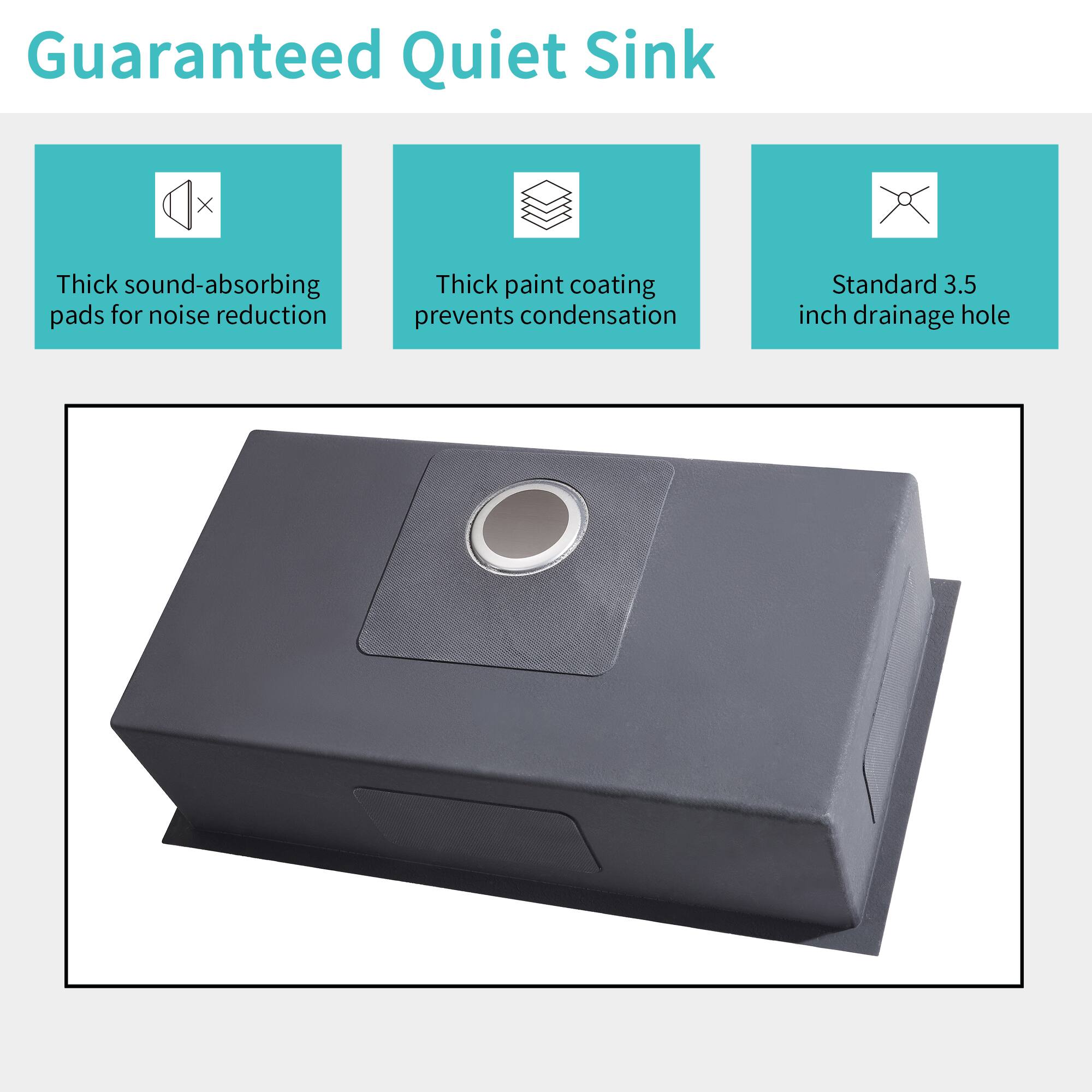 Guaranteed Quiet Sink

- Thick sound-absorbing pads for noise reduction
- Thick paint coating prevents condensation
- Standard 3.5 inch drainage hole