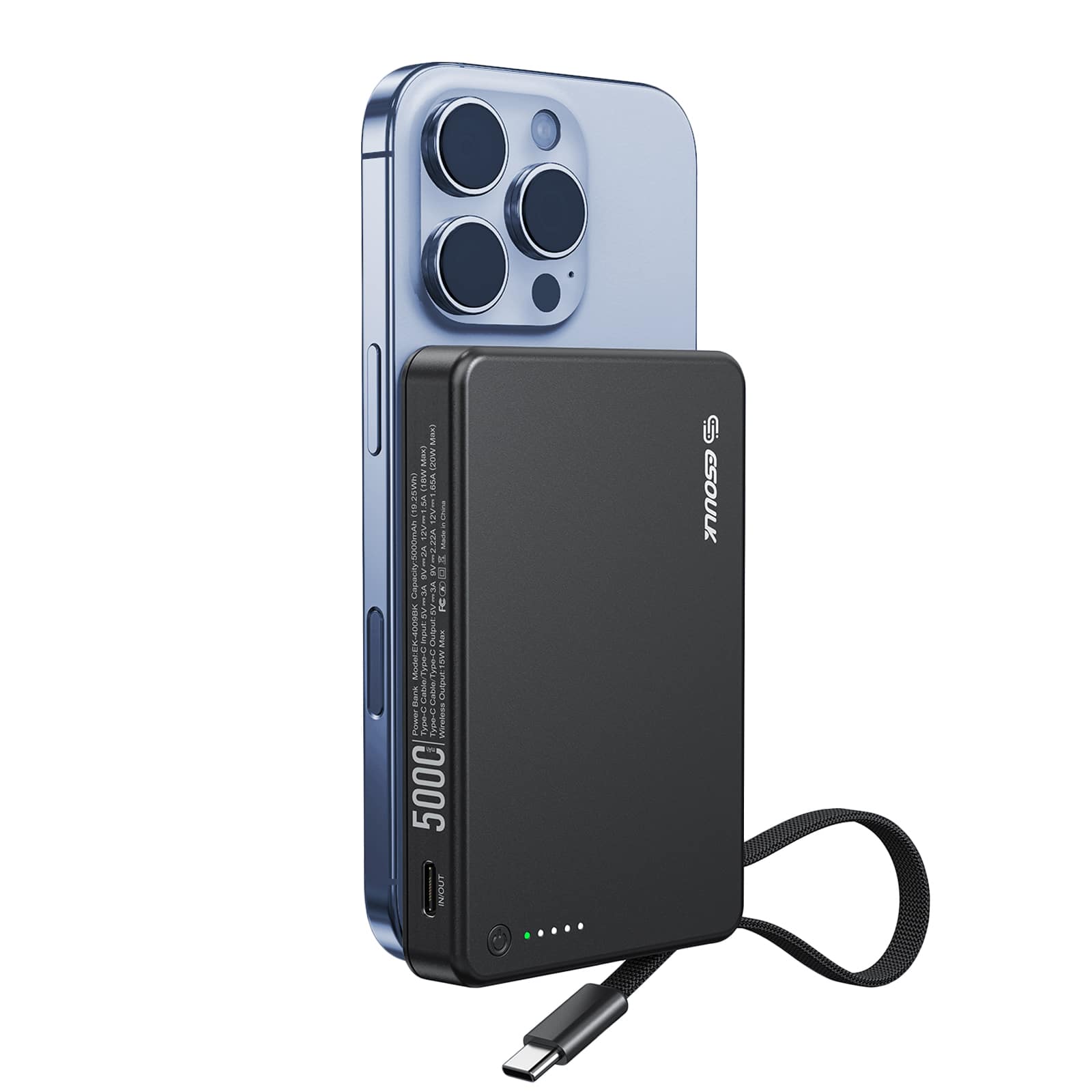 Esoulk - 5000mAh Magsafe Magnetic Portable Power Bank With Built-In USB-C Cable - Black