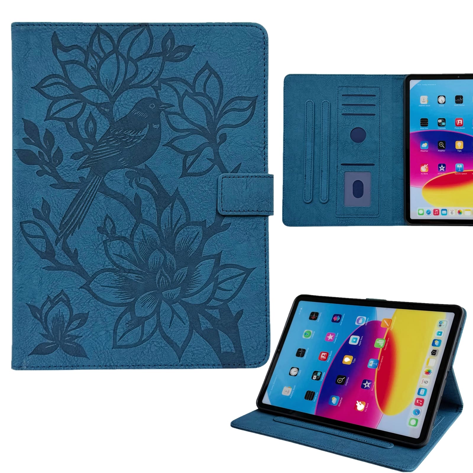Dteck - Faux Leather Flip Case for Apple iPad (A16) 11" 2025 & iPad 10th Gen 10.9" (2022),Embossed Bird Wallet Folio Stand Cover - Darkblue