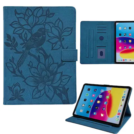 Front. Dteck - Faux Leather Flip Case for Apple iPad (A16) 11" 2025 & iPad 10th Gen 10.9" (2022),Embossed Bird Wallet Folio Stand Cover - Darkblue.