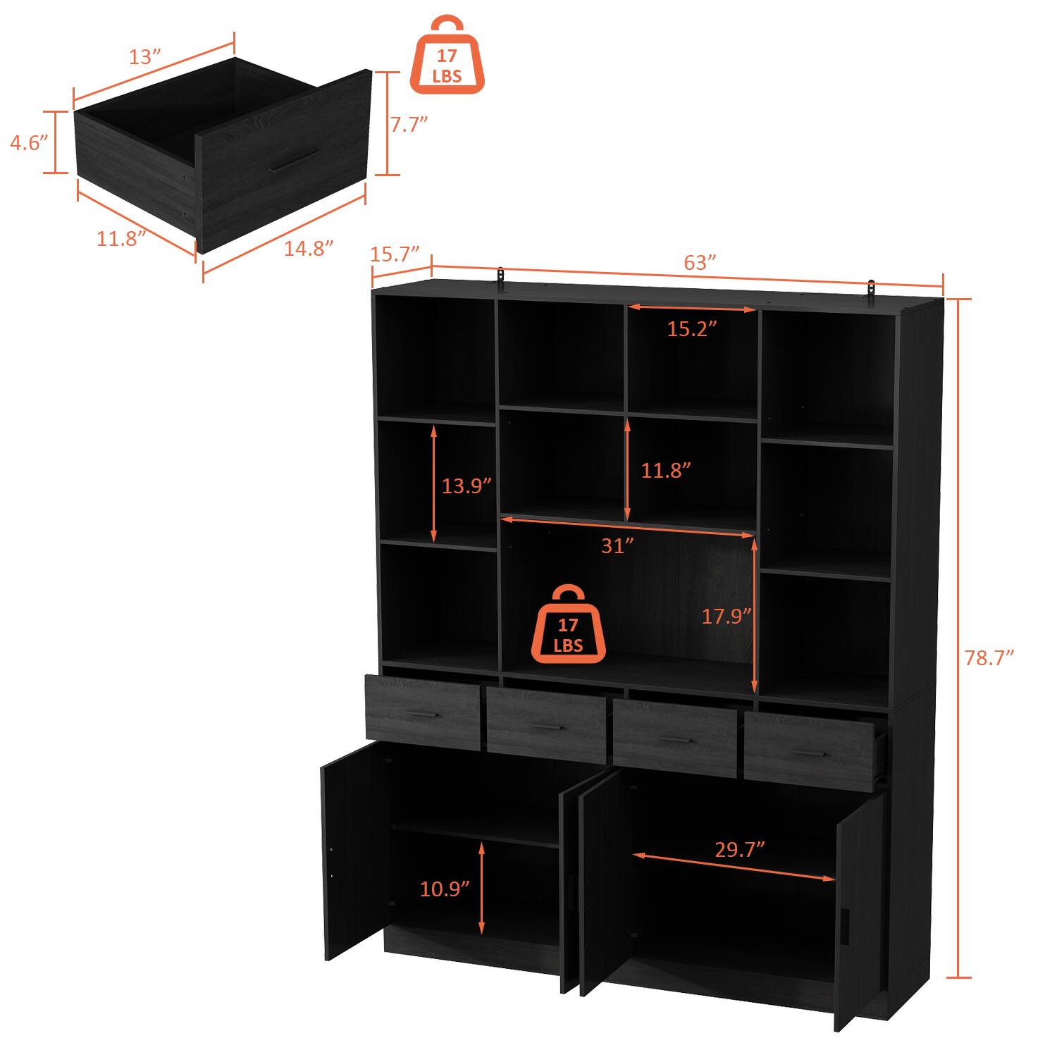 13", 4.6", 7.7", 11.8", 14.8", 15.7", 63", 15.2", 13.9", 11.8", 31", 17 LBS, 17.9", 78.7", 29.7", 10.9"