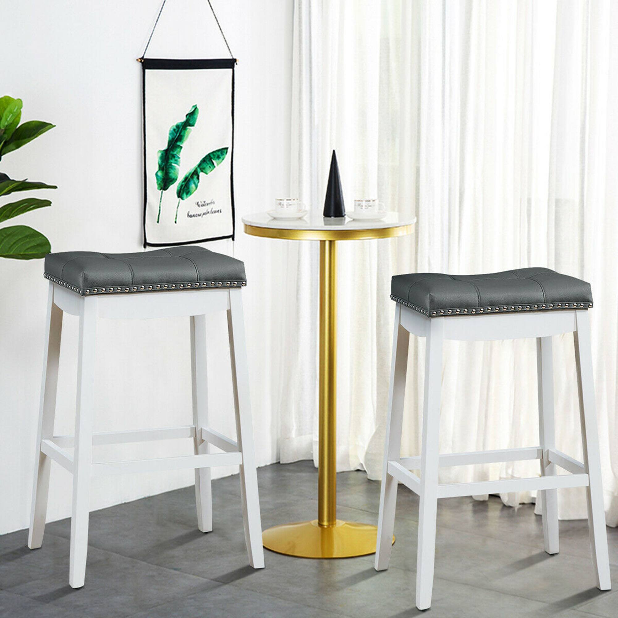 Alt View 3. Gymax - Gymax Set of 2 Nailhead Saddle Bar Stools 29'' Pub Chairs with Rubber Wood Legs White - as pic.