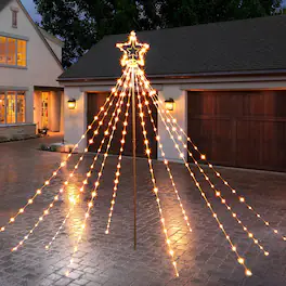 Oumilen - 6FT Warm White LED Christmas Tree – Star‑Topped Cone Waterfall Light with Remote & Timer, Ground‑Stake for Yard