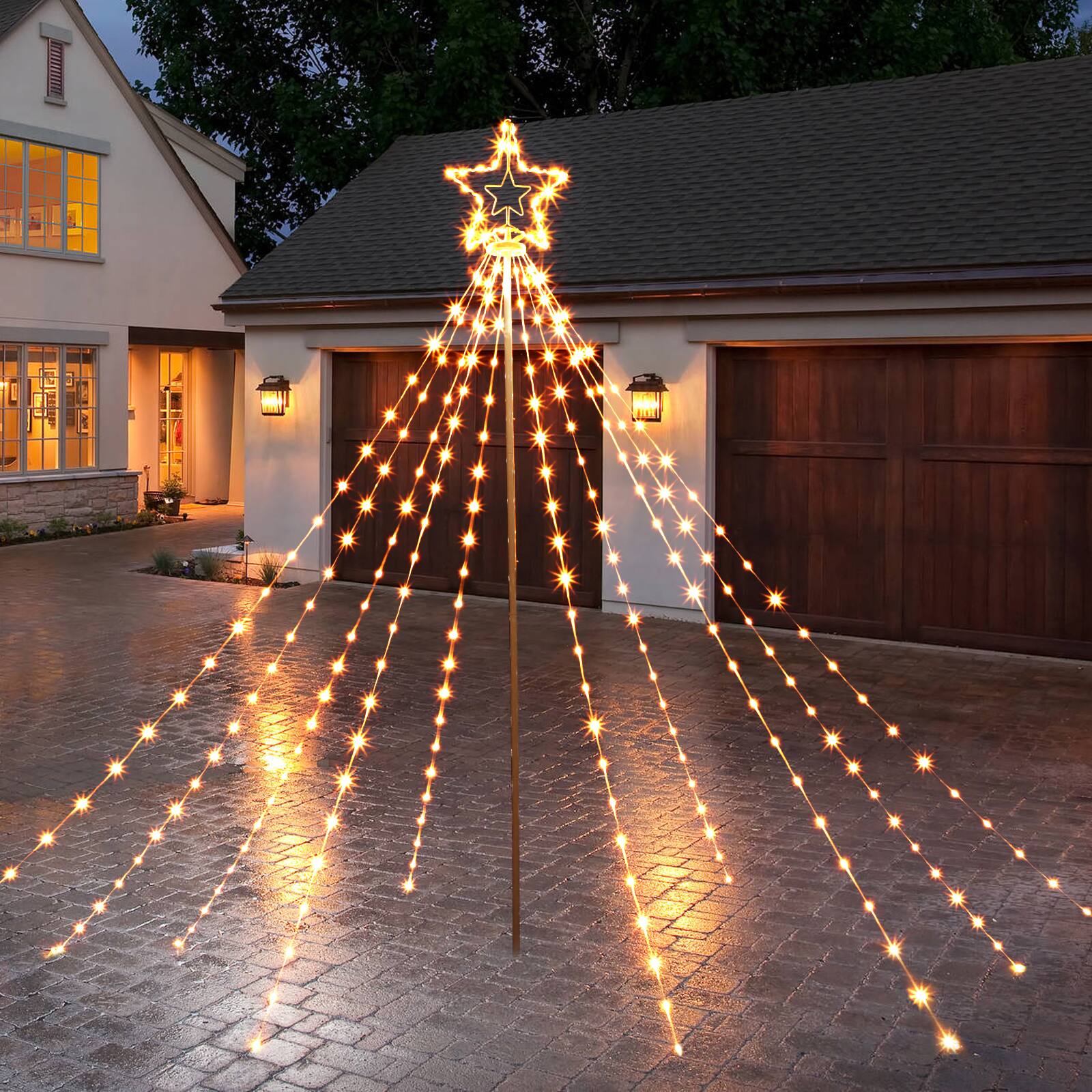 Front. Oumilen - 6FT Warm White LED Christmas Tree – Star‑Topped Cone Waterfall Light with Remote & Timer, Ground‑Stake for Yard.