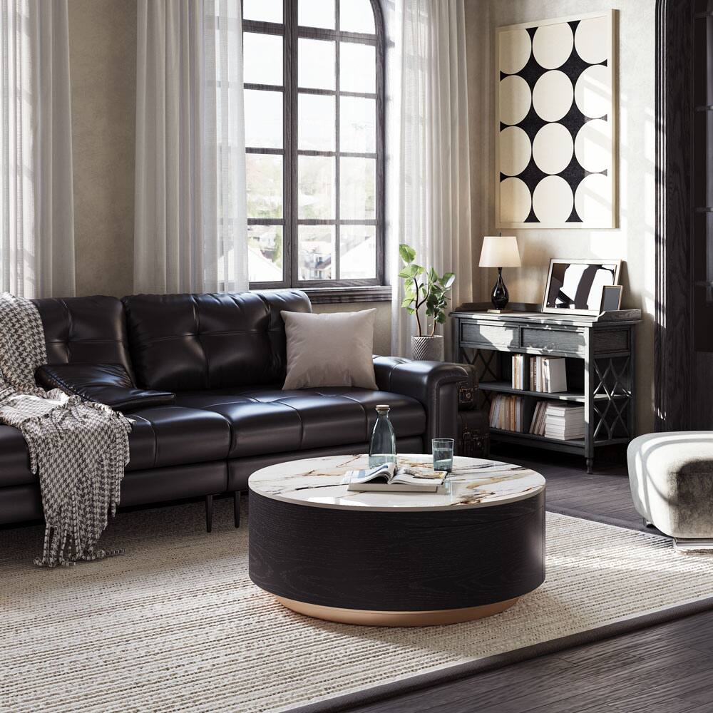 Left. POVISON - 39" Wood Modern Round Drum Sintered Stone Coffee Table with 2 Drawers Fully Assembled, Black & White - White & Black.