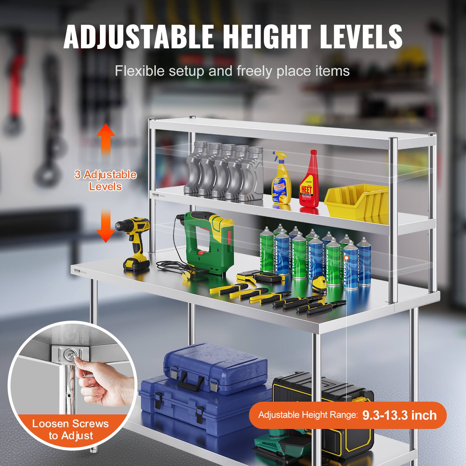 ADJUSTABLE HEIGHT LEVELS, Flexible setup and freely place items, 3 Adjustable Levels, Loosen Screws to Adjust, Adjustable Height Range: 9.3-13.3 inch