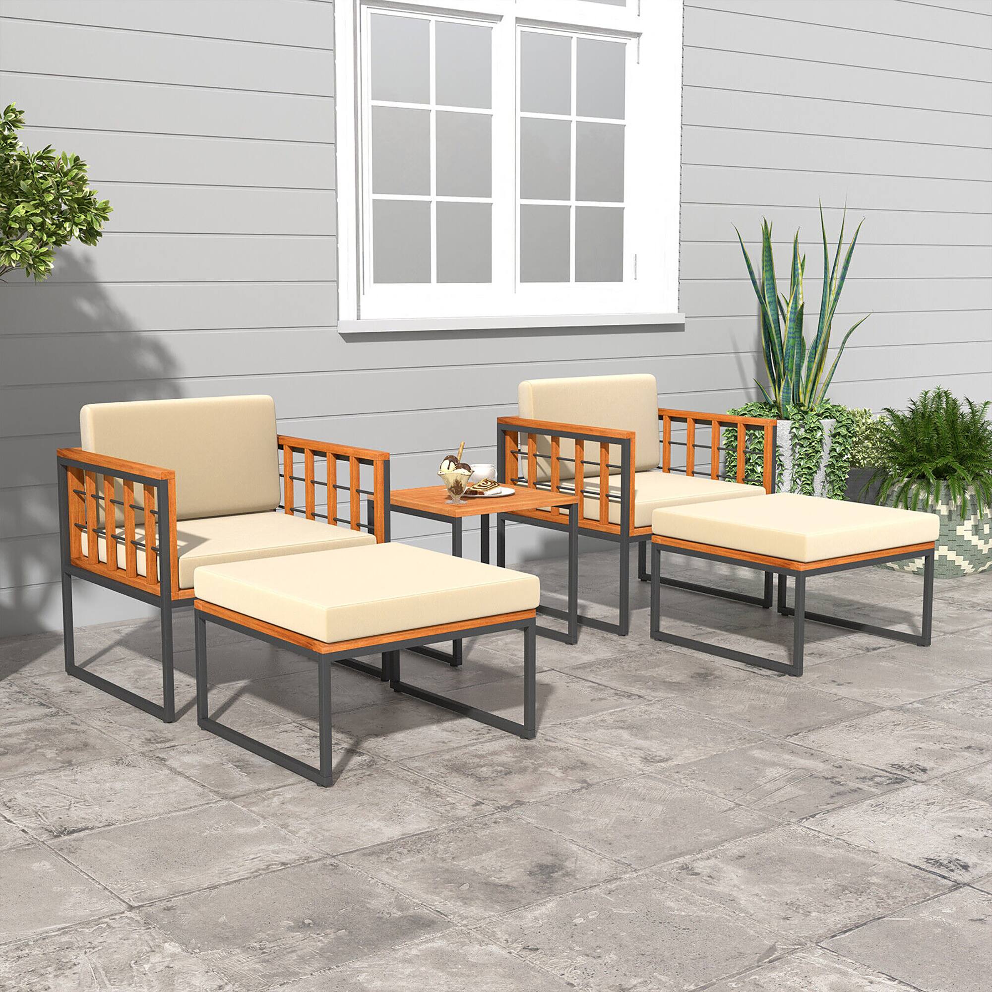 Alt View 4. Gymax - Gymax 5 PCS Acacia Wood Patio Furniture Set w/ Ottomans Soft Cushions & Coffee Table - Beige, Natural, Black.