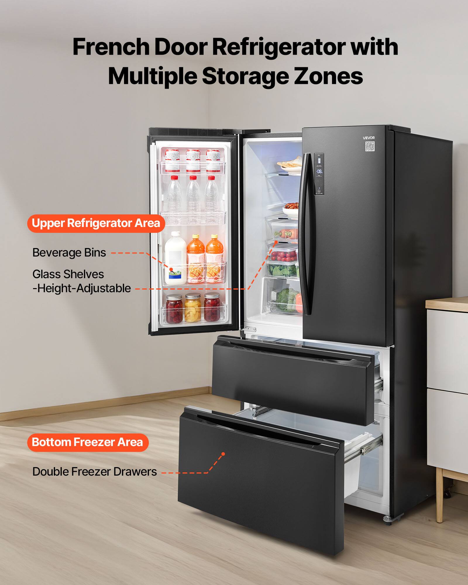 French Door Refrigerator with Multiple Storage Zones

Upper Refrigerator Area
- Beverage Bins
- Glass Shelves
- Height-Adjustable

Bottom Freezer Area
- Double Freezer Drawers