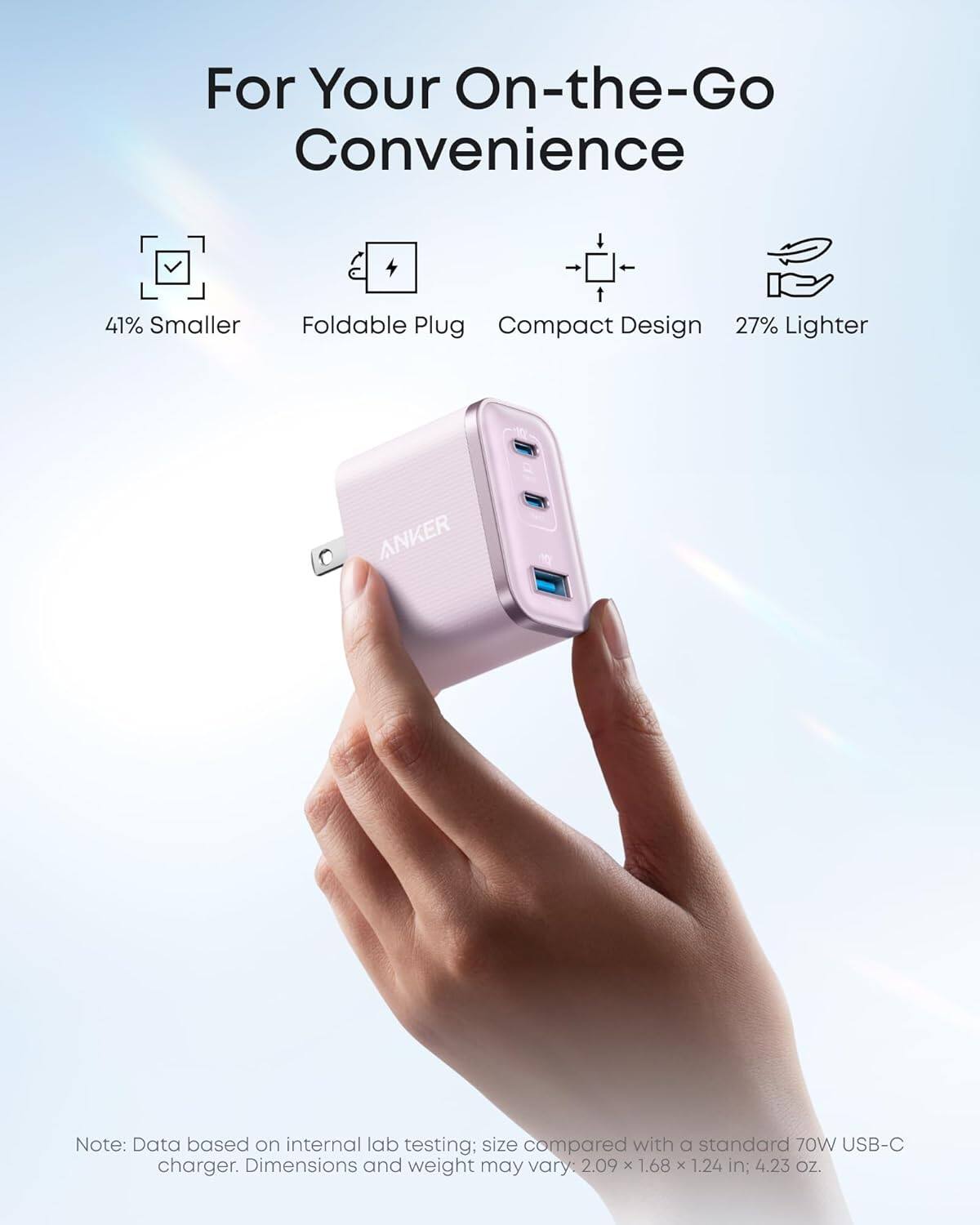 For Your On-the-Go Convenience

41% Smaller
Foldable Plug
Compact Design
27% Lighter

ANKER

Note: Data based on internal lab testing; size compared with a standard 70W USB-C charger. Dimensions and weight may vary: 2.09 x 1.68 x 1.24 in; 4.23 oz.