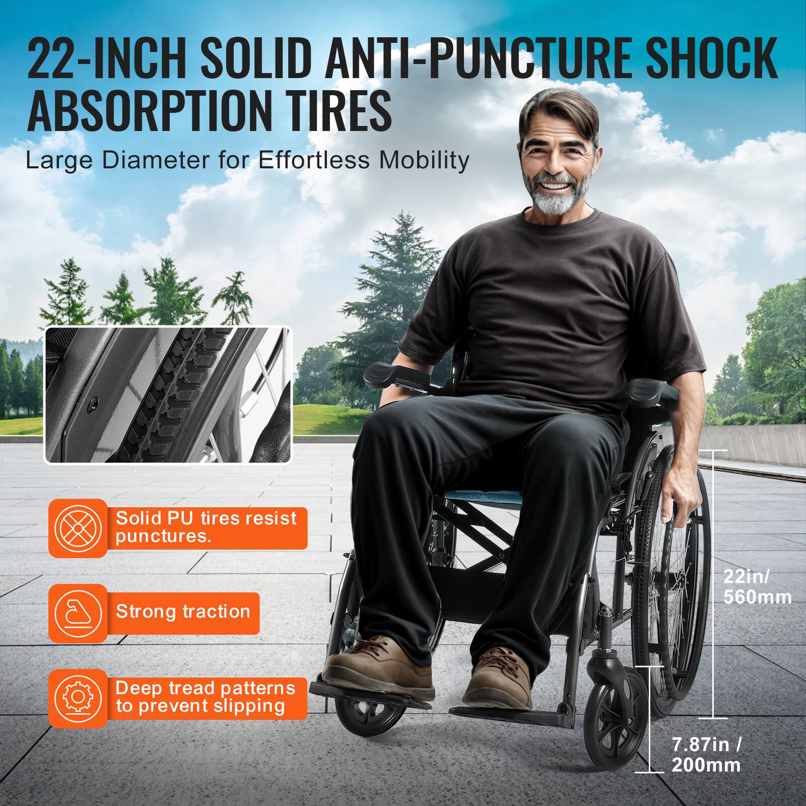 22-INCH SOLID ANTI-PUNCTURE SHOCK ABSORPTION TIRES  
Large Diameter for Effortless Mobility  

Solid PU tires resist punctures.  
Strong traction  
Deep tread patterns to prevent slipping  

22in / 560mm  
7.87in / 200mm