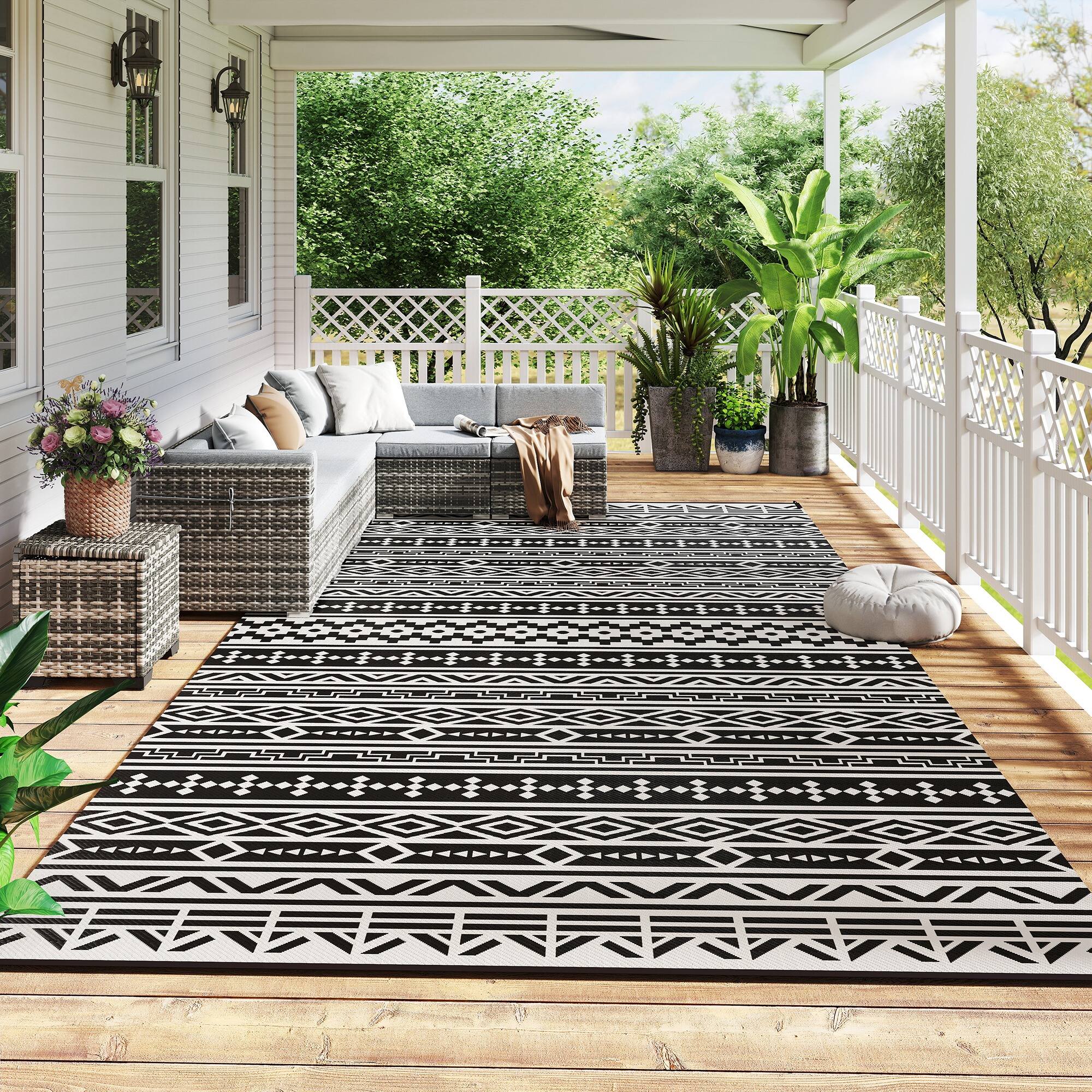 Alt View 1. Outsunny - Outdoor Rug for Patio, 9' x 18' Waterproof Large Mat, Reversible Plastic Straw Rug for Décor - Black and White Geometric Wall.