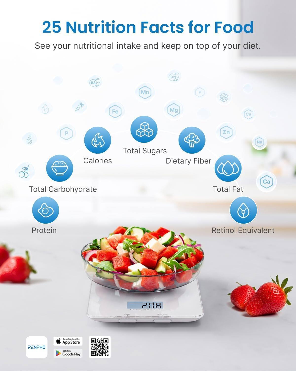 25 Nutrition Facts for Food  
See your nutritional intake and keep on top of your diet.  

B12 B3 Mn P Fe Mg Cu P Zn  
Total Sugars Calories Dietary Fiber Na  
Total Carbohydrate Total Fat Ca Protein Retinol Equivalent  

208  

RENPHO - the App Store SETRON Google Play