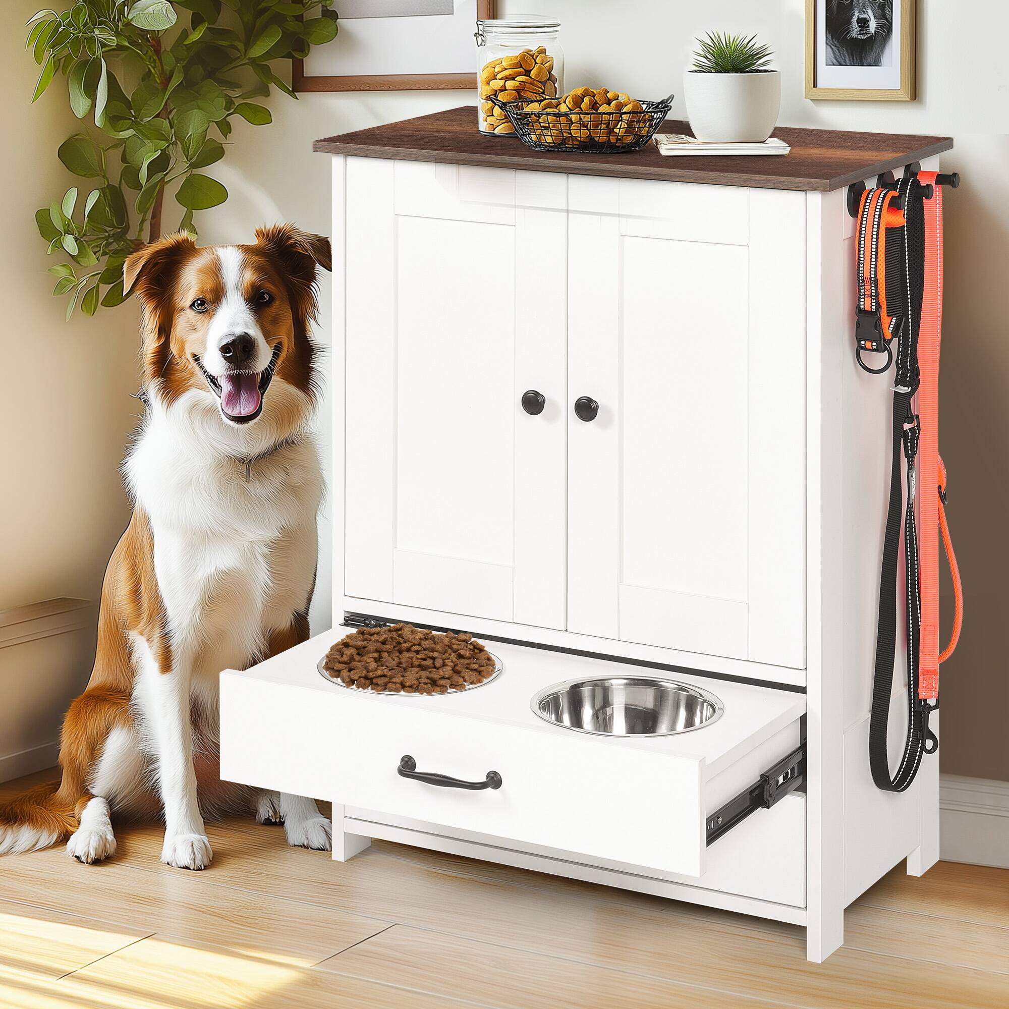 Angle. Yardgrace - Dog feeding station, double door locker with 2 adjustable dog bowls, 3 hooks on right side, white - White.