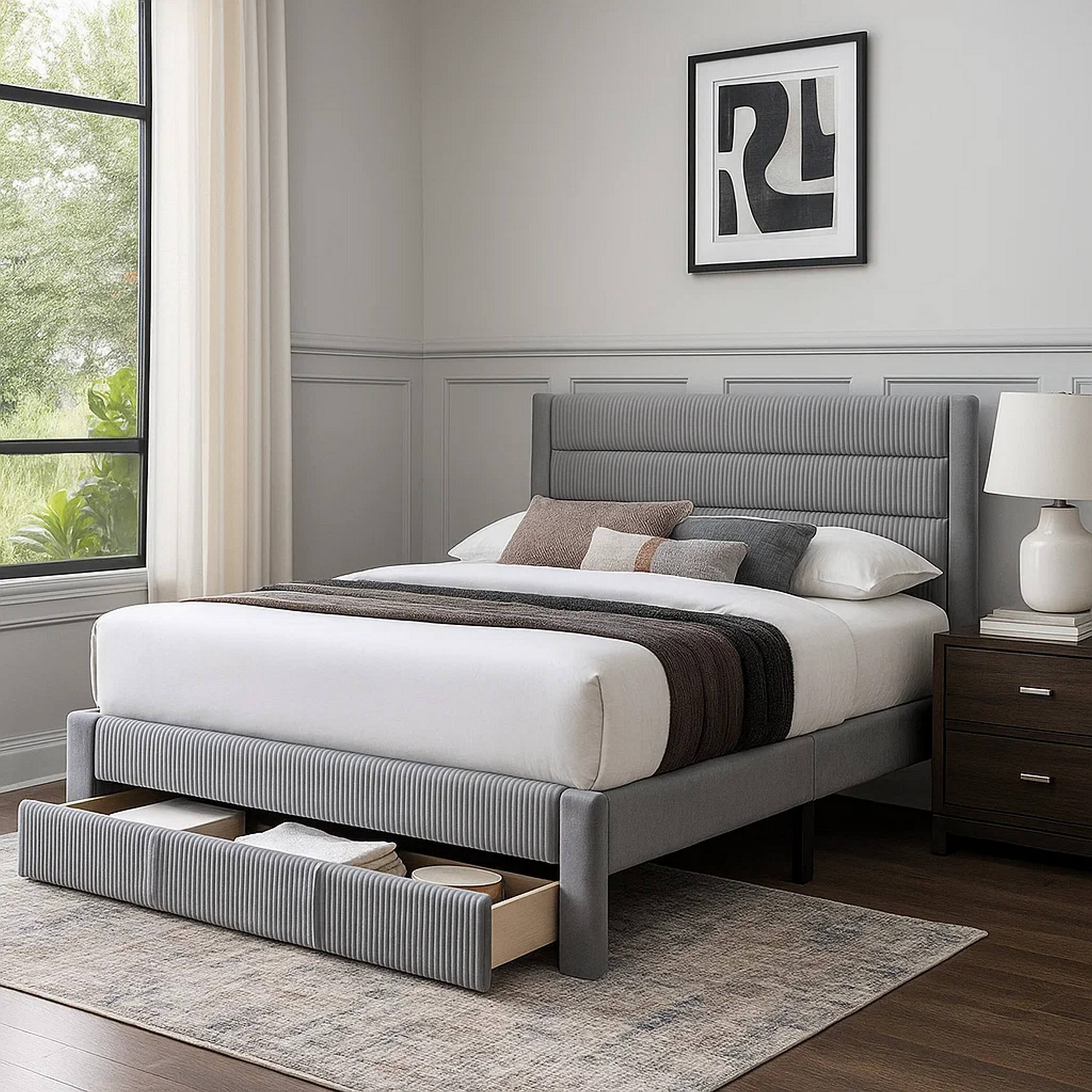 Alt View 6. Manhattan Lane - Daisy Full Bed w Drawer, Light Gray Corduroy Upholstery, Foam Headboard - Light Gray.