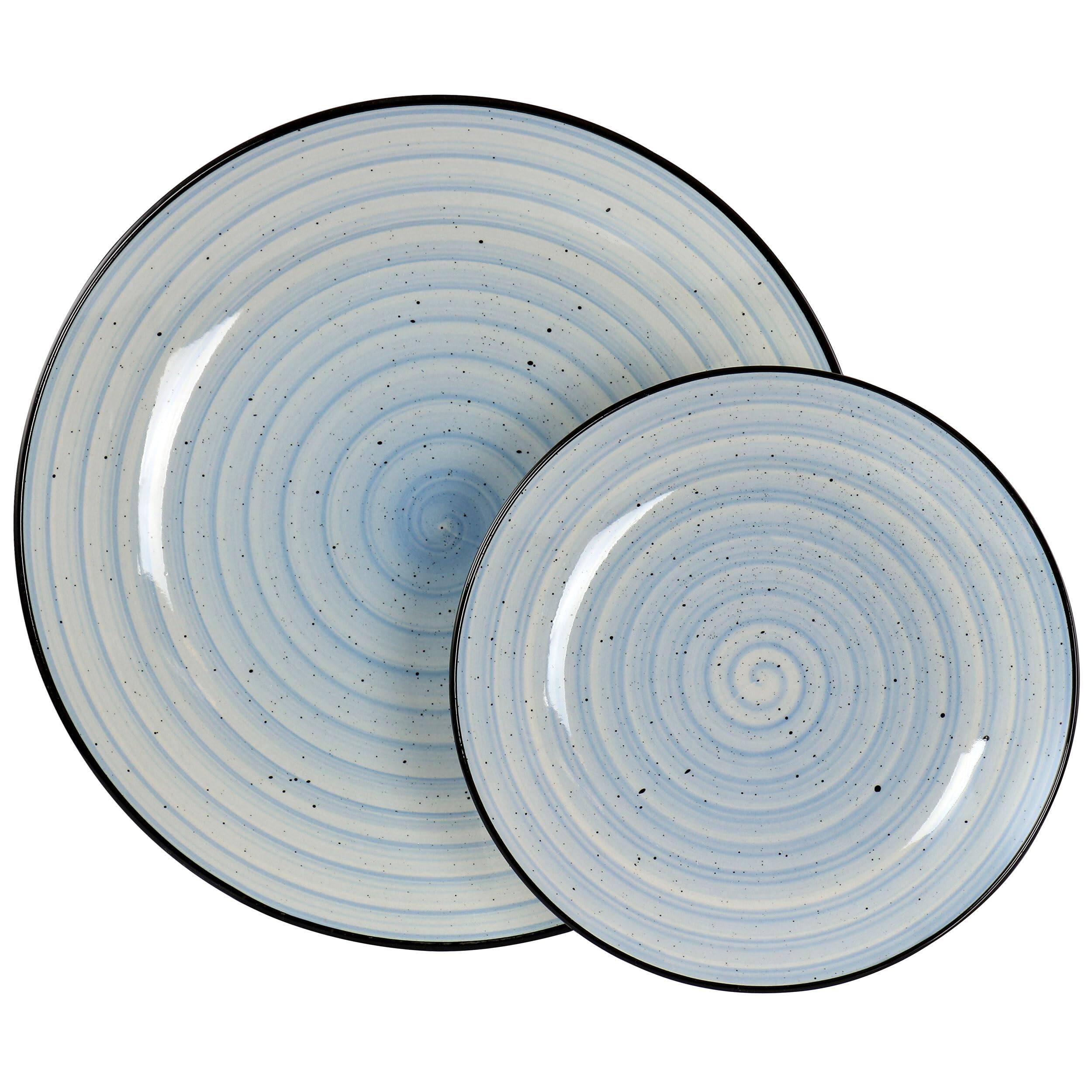 Left. Dazzed Corner - 24 Piece Round Stoneware Dinnerware Set - Light Blue.