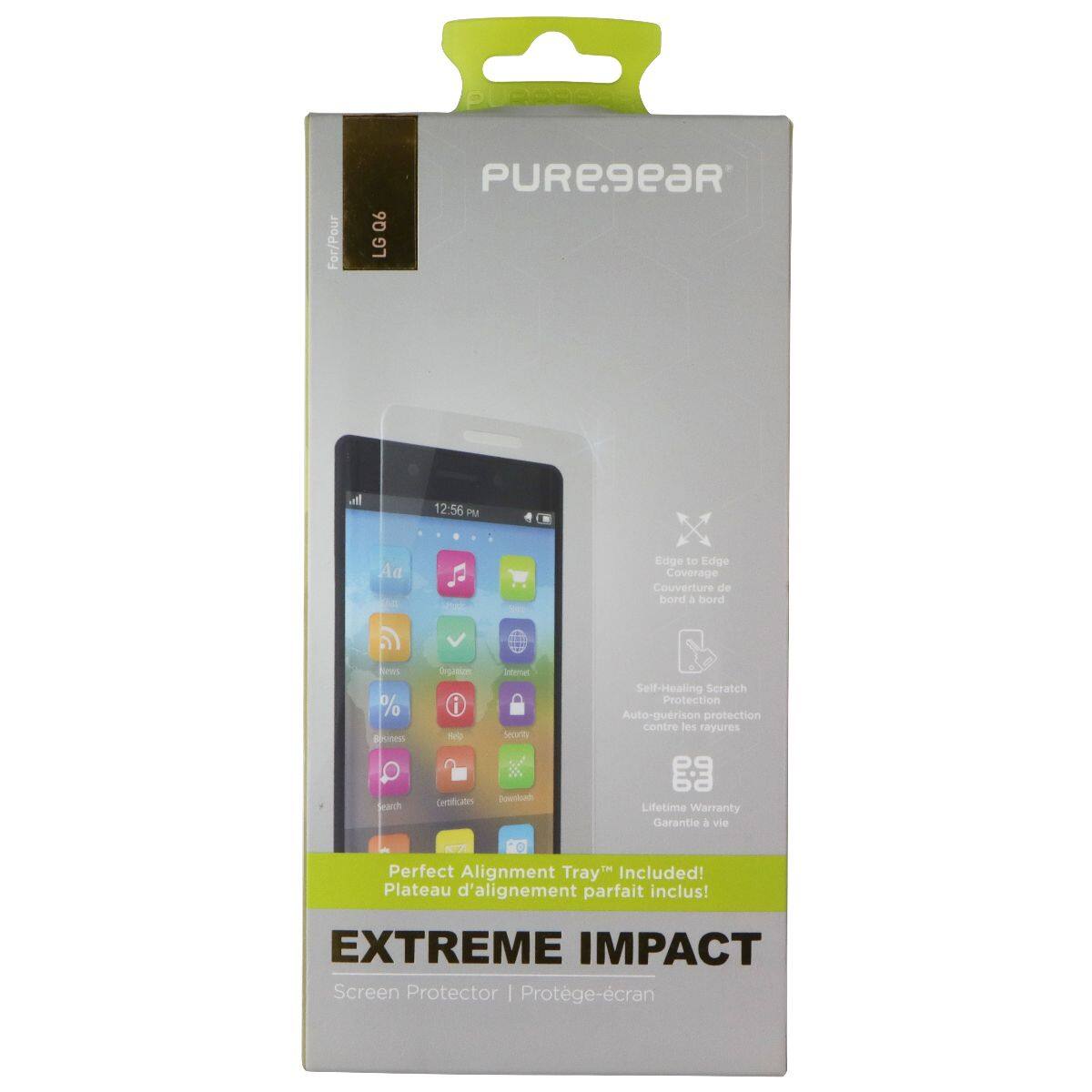 For/Pour 90 LG PUREgeaR A 12:56 P Aa Edge to Edge Coverage Couverture de bord a bord res % Rsen Seacch Sp i N Cortificatos Se Secornts Snton Self-Healing Scratch Protection Auto-gurison protection contre les rayures e9 B 68 Lifetime Warranty Gerantie a vie Perfect Alignment Tray Included! Plateau d'alignement parfait inclus! EXTREME IMPACT Screen Protector | Protge-cran