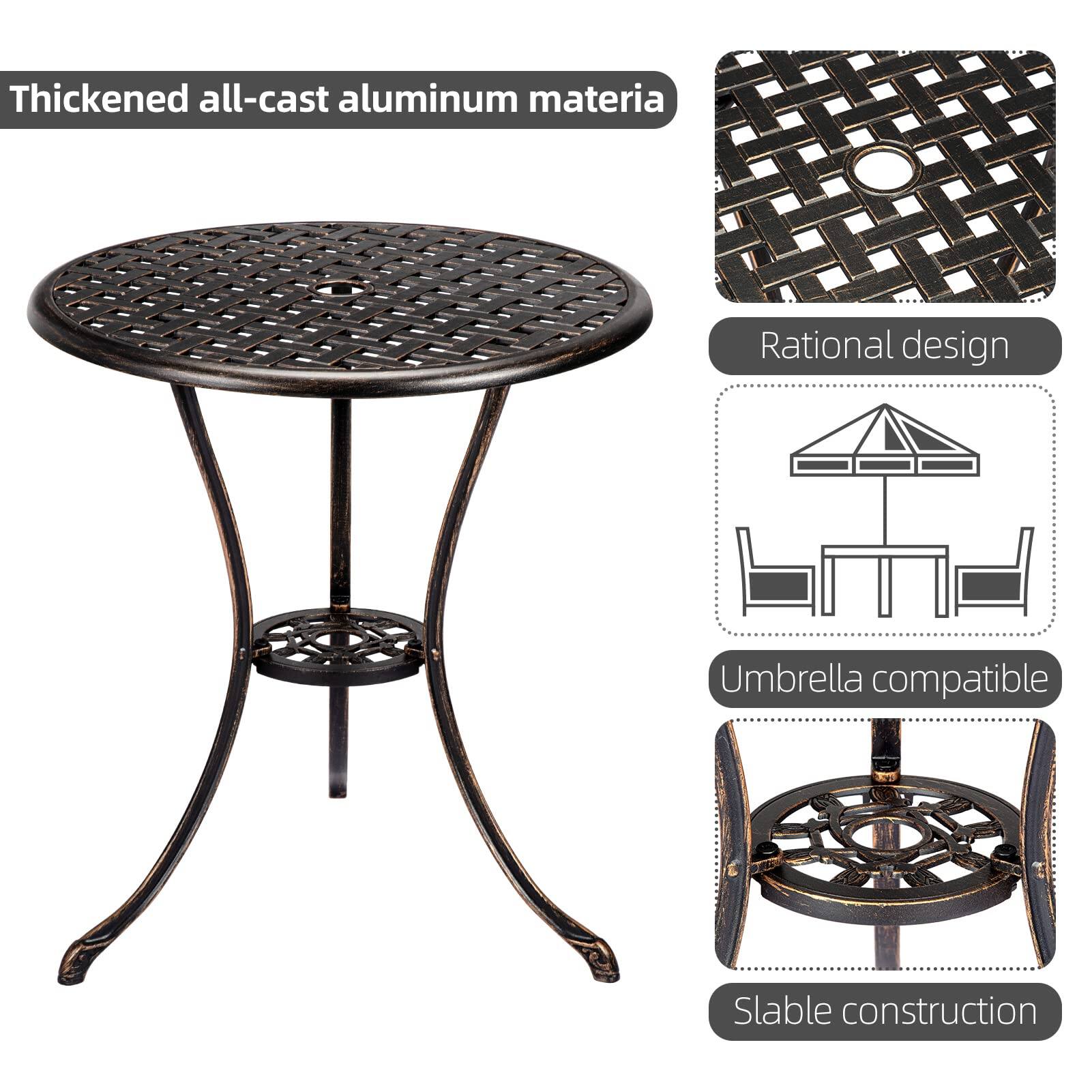 Thickened all-cast aluminum material  
Rational design  
Umbrella compatible  
Stable construction
